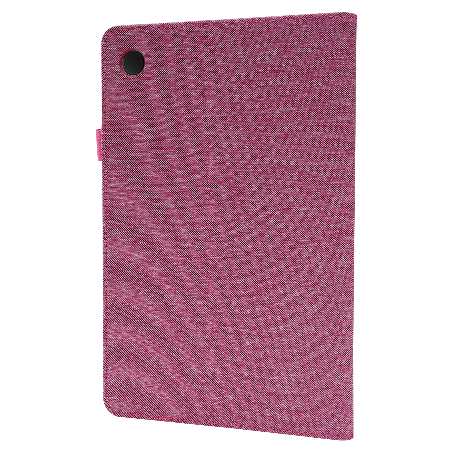 Tablet-Hülle in einer rosa Stoffstruktur, zeigt die Außenseite.