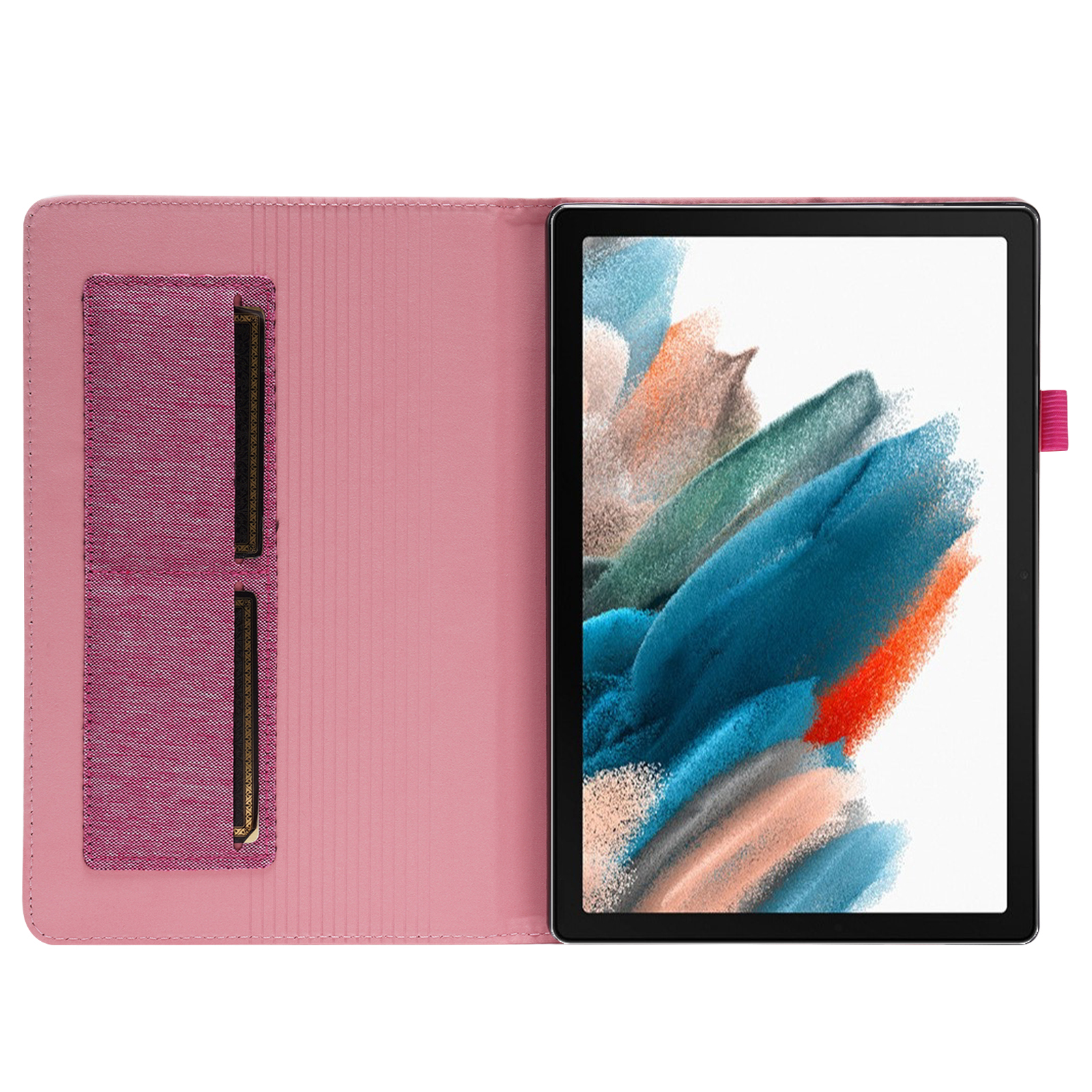 Tablet in rosa Hülle, zeigt den Bildschirm. Die offene Hülle hat Taschen für Karten.
