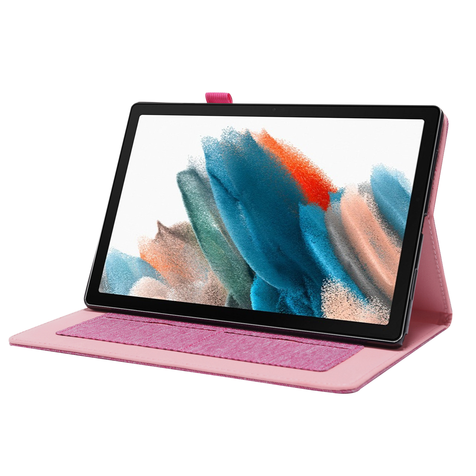 Eine rosa Tablet-Hülle mit einem Tablet, das ein farbenfrohes abstraktes Bild anzeigt, auf weißem Hintergrund.