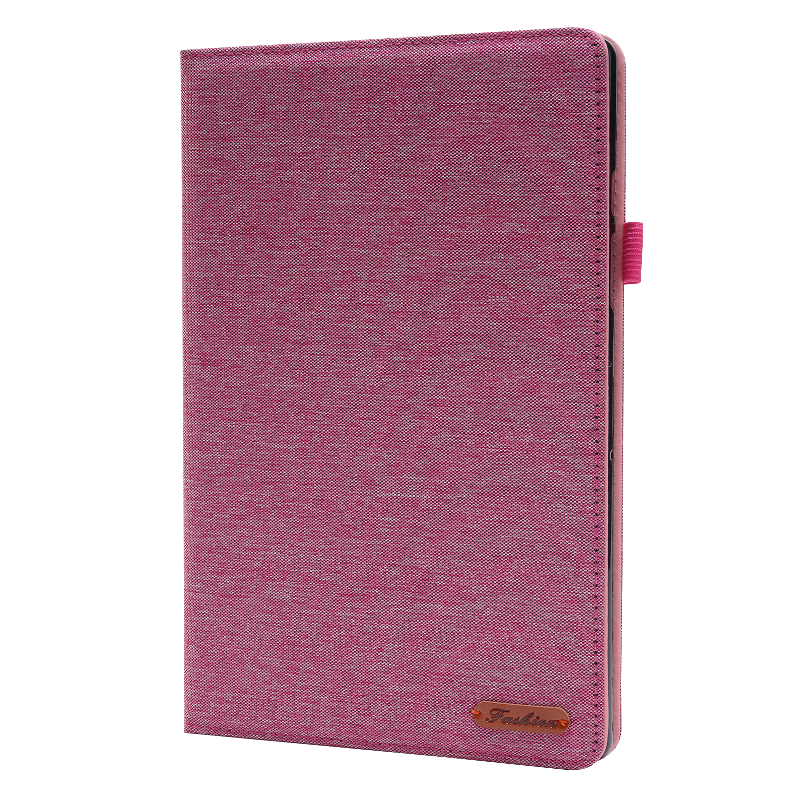 Geschlossene rosa Tablethülle mit strukturierter Stoffoptik und einem Fashion-Etikett.