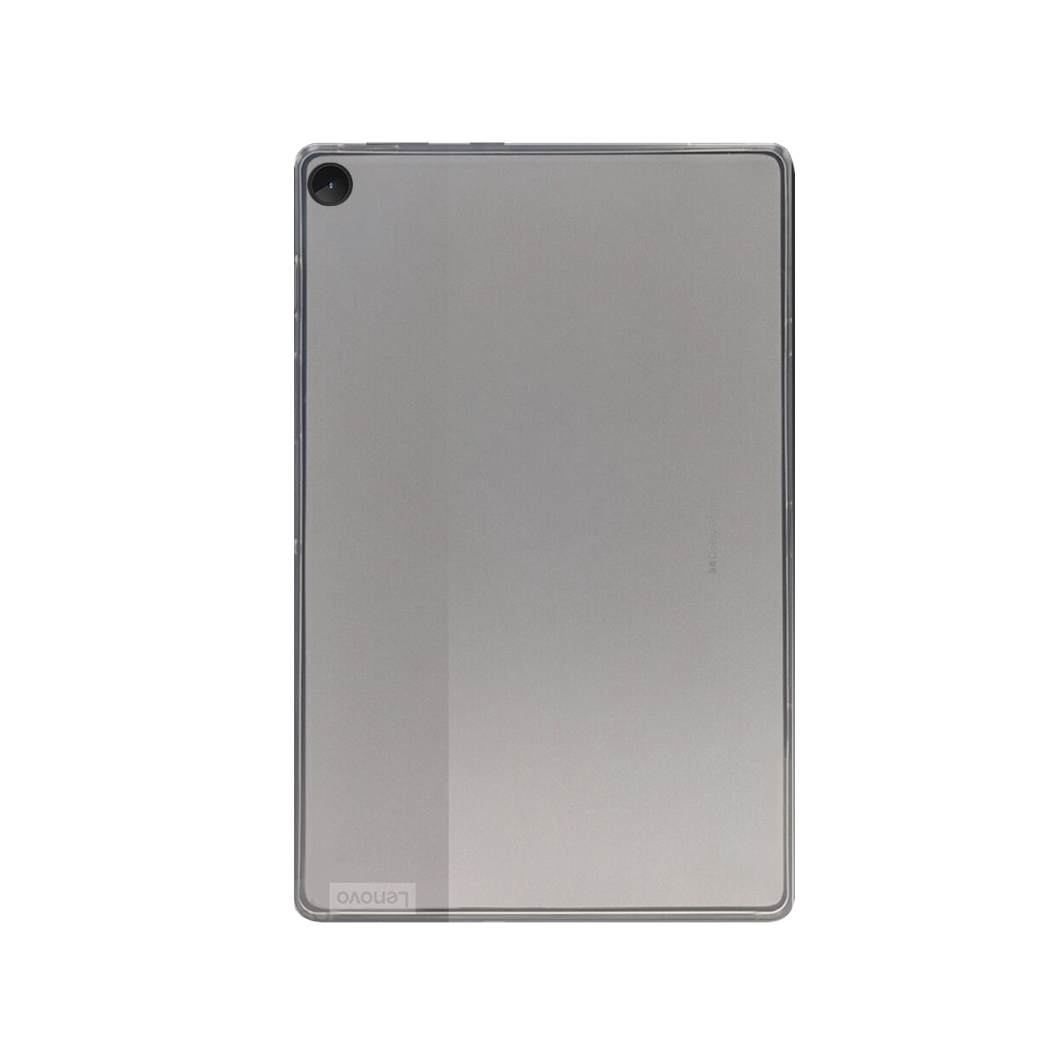 Silbernes Tablet mit Lenovo-Logo. Das Tablet liegt flach auf weißem Hintergrund.