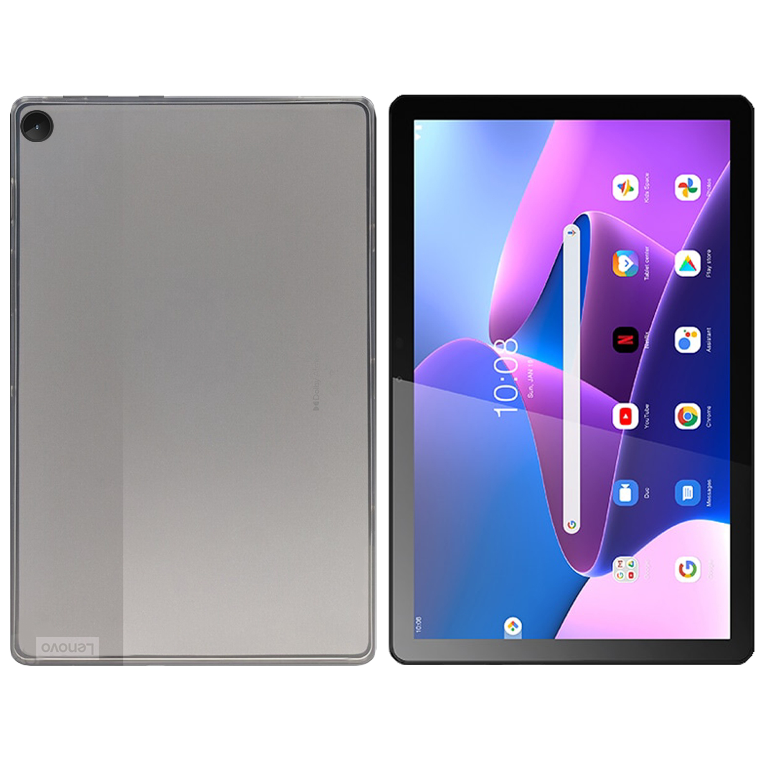 Ein graues Tablet, das die Rückseite und den Bildschirm mit einem Homescreen zeigt.