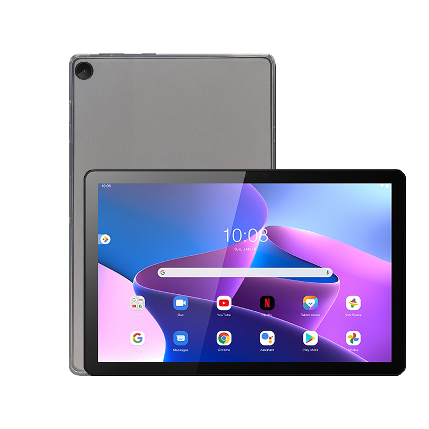 Tablet Vorder- und Rückansicht. Das Tablet ist schwarz mit App-Symbolen. Die Rückseite ist metallgrau.