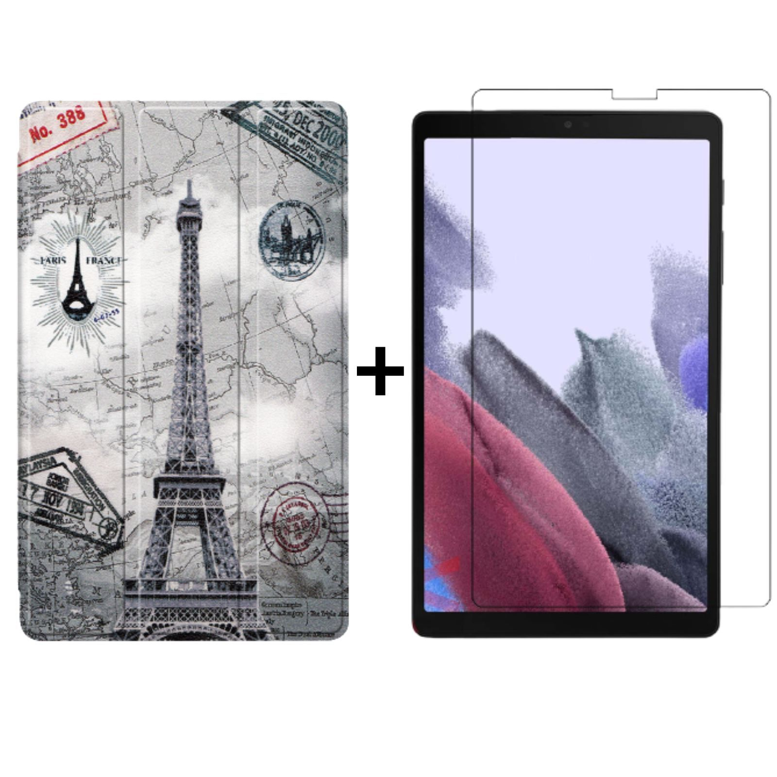 Tablethülle mit Eiffelturm-Design und Displayschutzfolie. Schwarzer Rahmen, weißer Hintergrund.