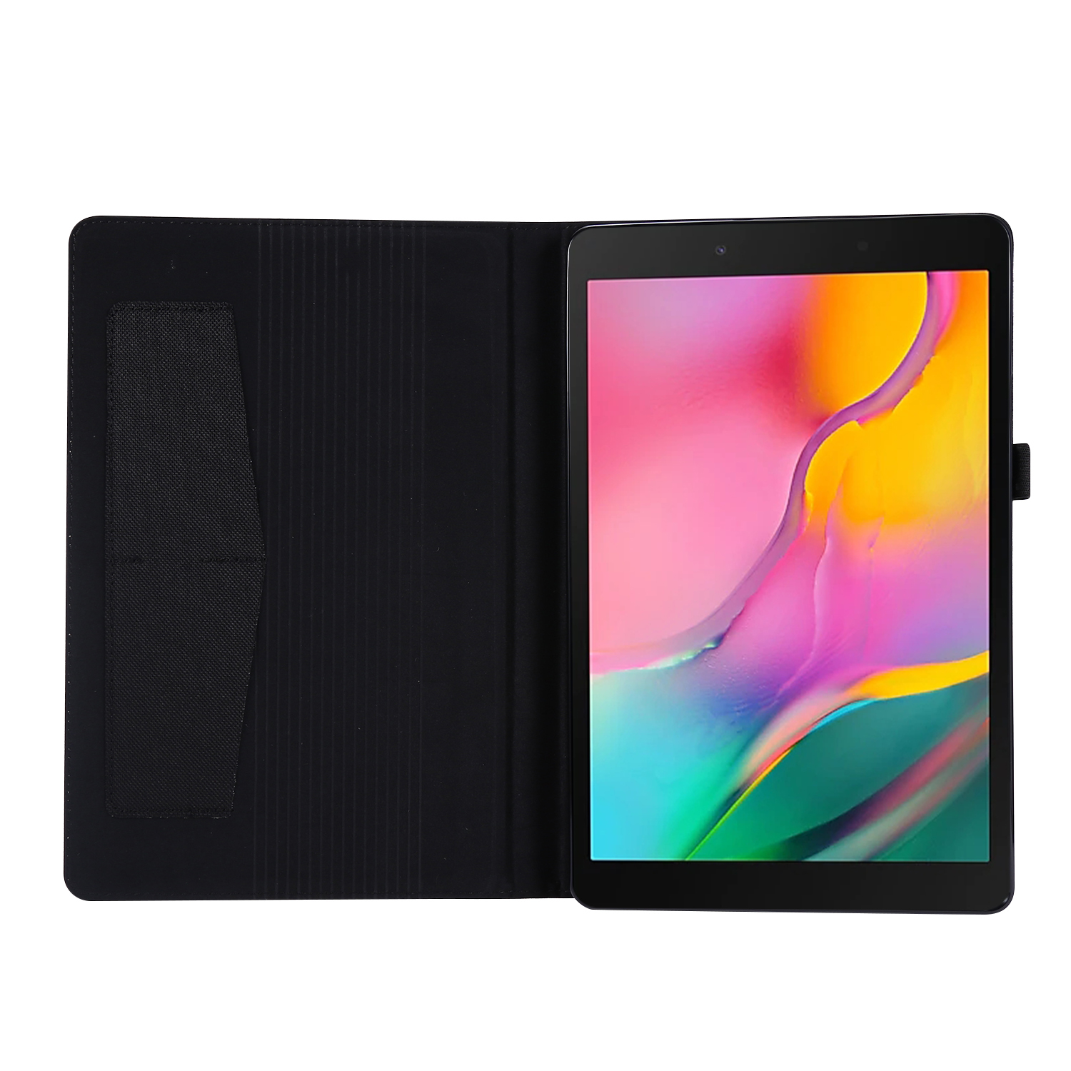 Tablet in schwarzem Gehäuse. Das Tablet ist geöffnet. Das Gehäuse hat einen Halter für einen Stift.