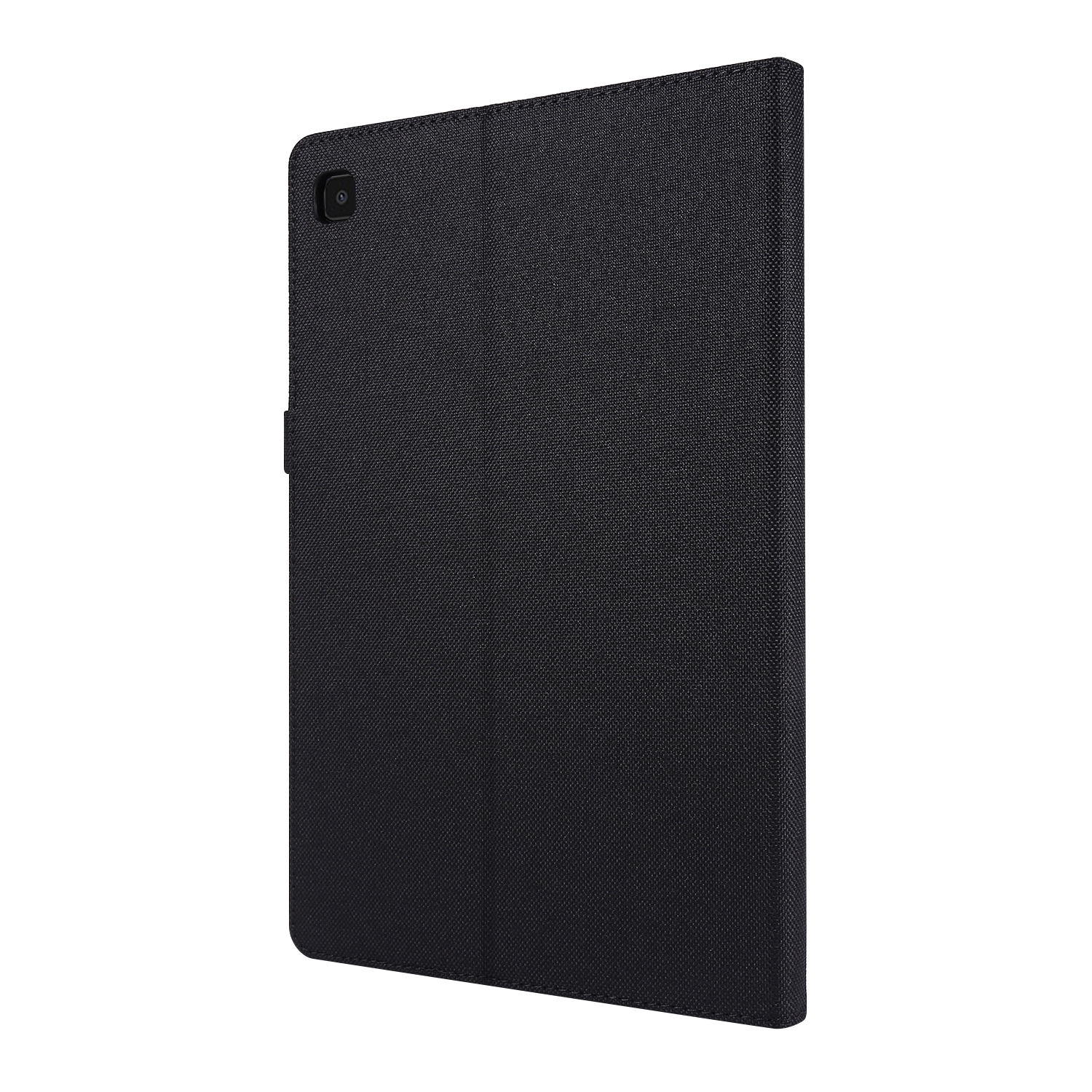 Schwarze Tablet-Hülle mit strukturierter Oberfläche. Die Hülle ist geschlossen, mit Kamera.