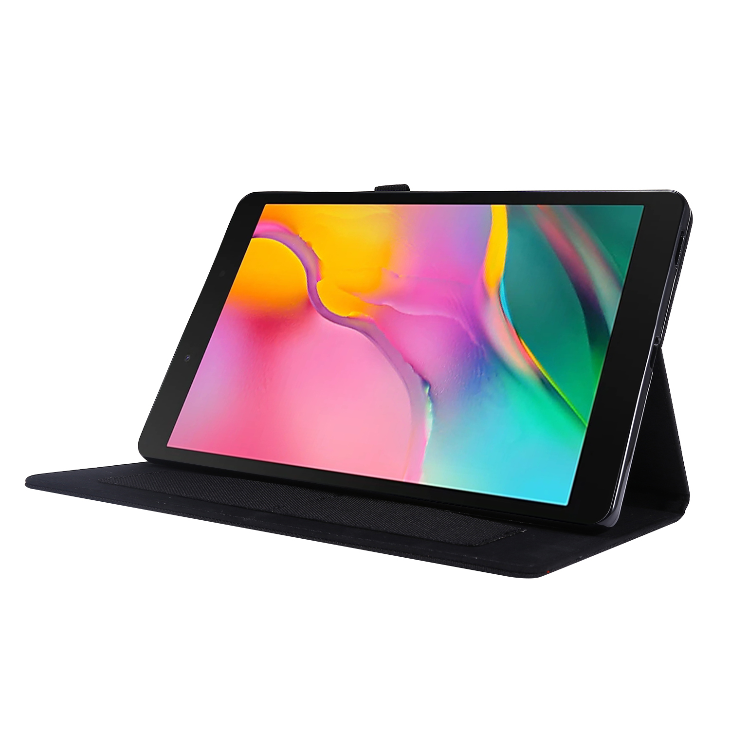 Schwarzes Tablet in einer offenen schwarzen Hülle. Der Bildschirm hat eine farbenfrohe Anzeige. Weißer Hintergrund.