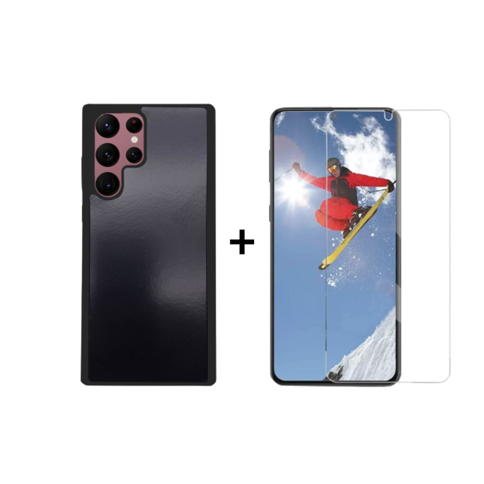 Schwarze Handyhülle und Displayschutz neben einem Handy. Auf dem Schirm ist ein Skifahrer.