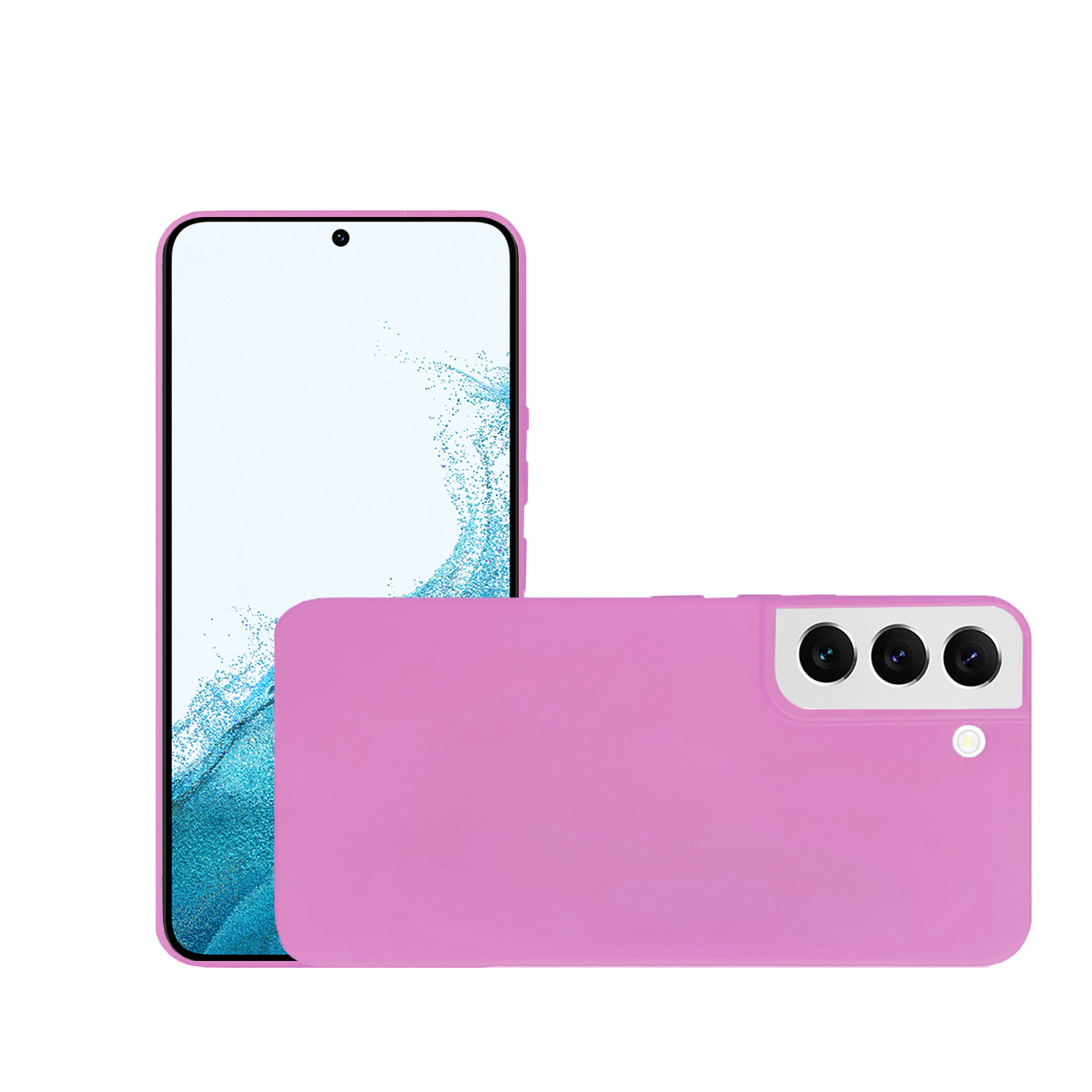 Rosa Telefon und Hülle. Das Telefon liegt seitlich und die Hülle dahinter.