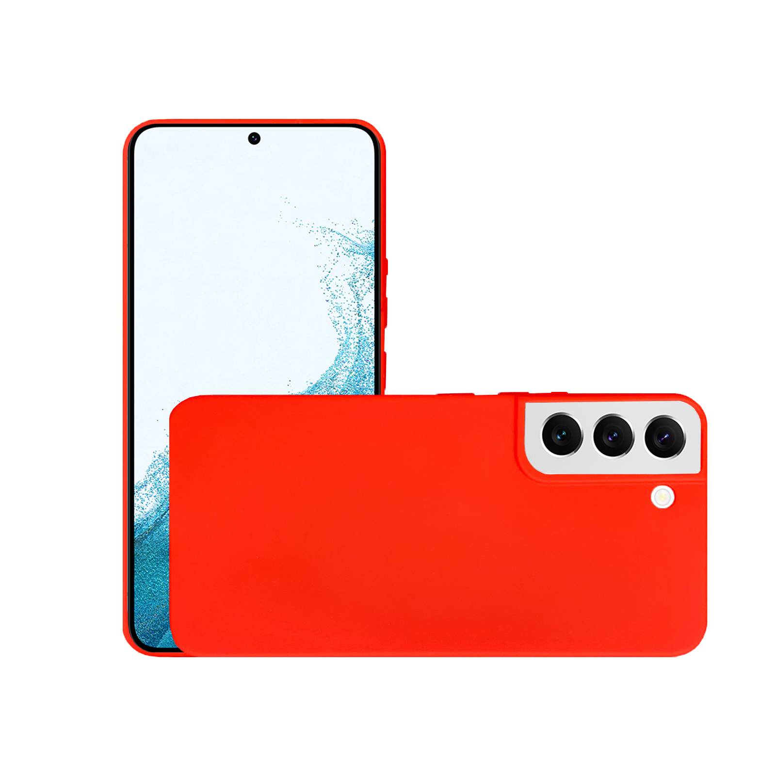 Rotes Telefon. Telefon ist vorne und hinten. Weißer Hintergrund.