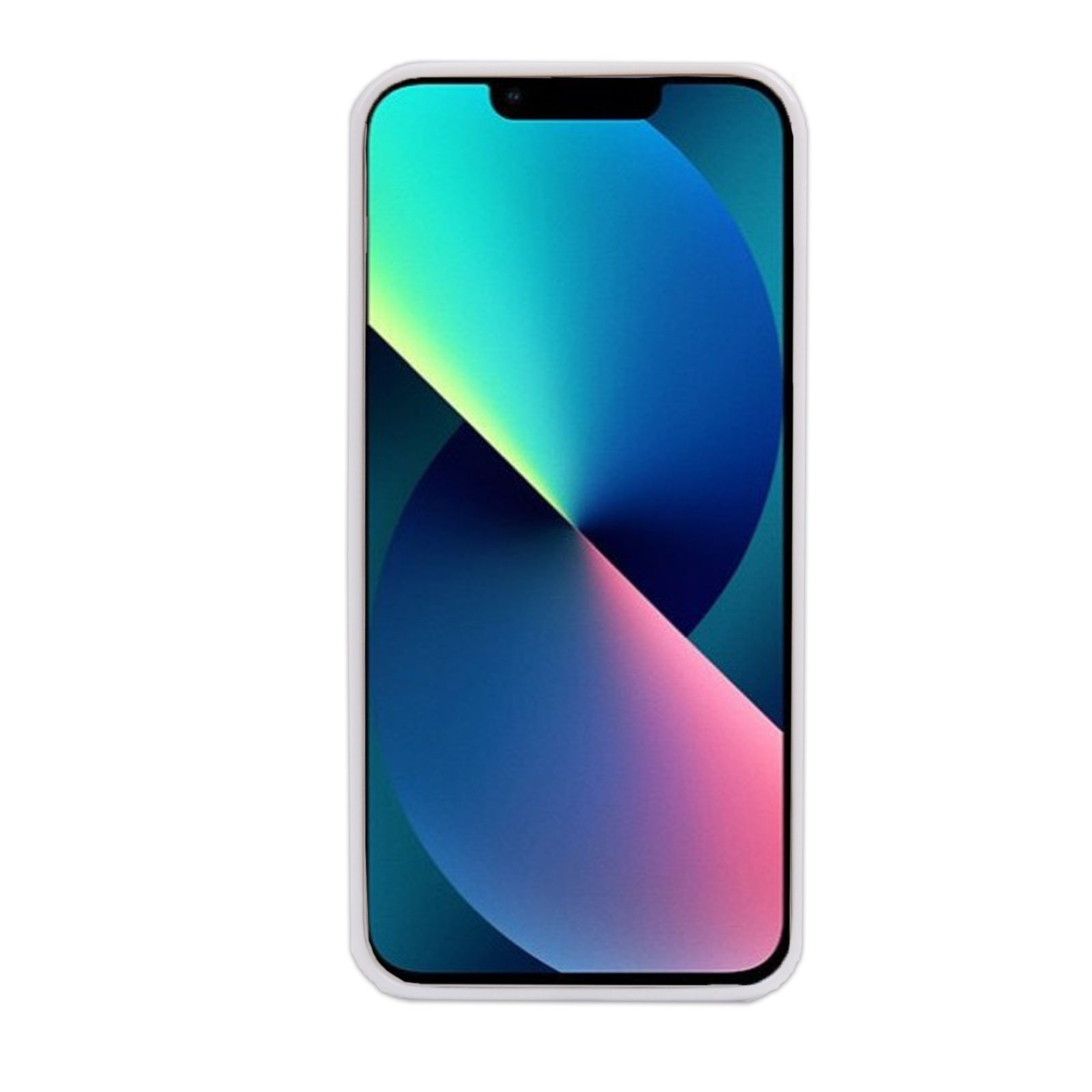 Ein weiß gerahmtes Smartphone zeigt einen farbenfrohen, abstrakten Hintergrund. Das Telefon ist zentriert und scharf.