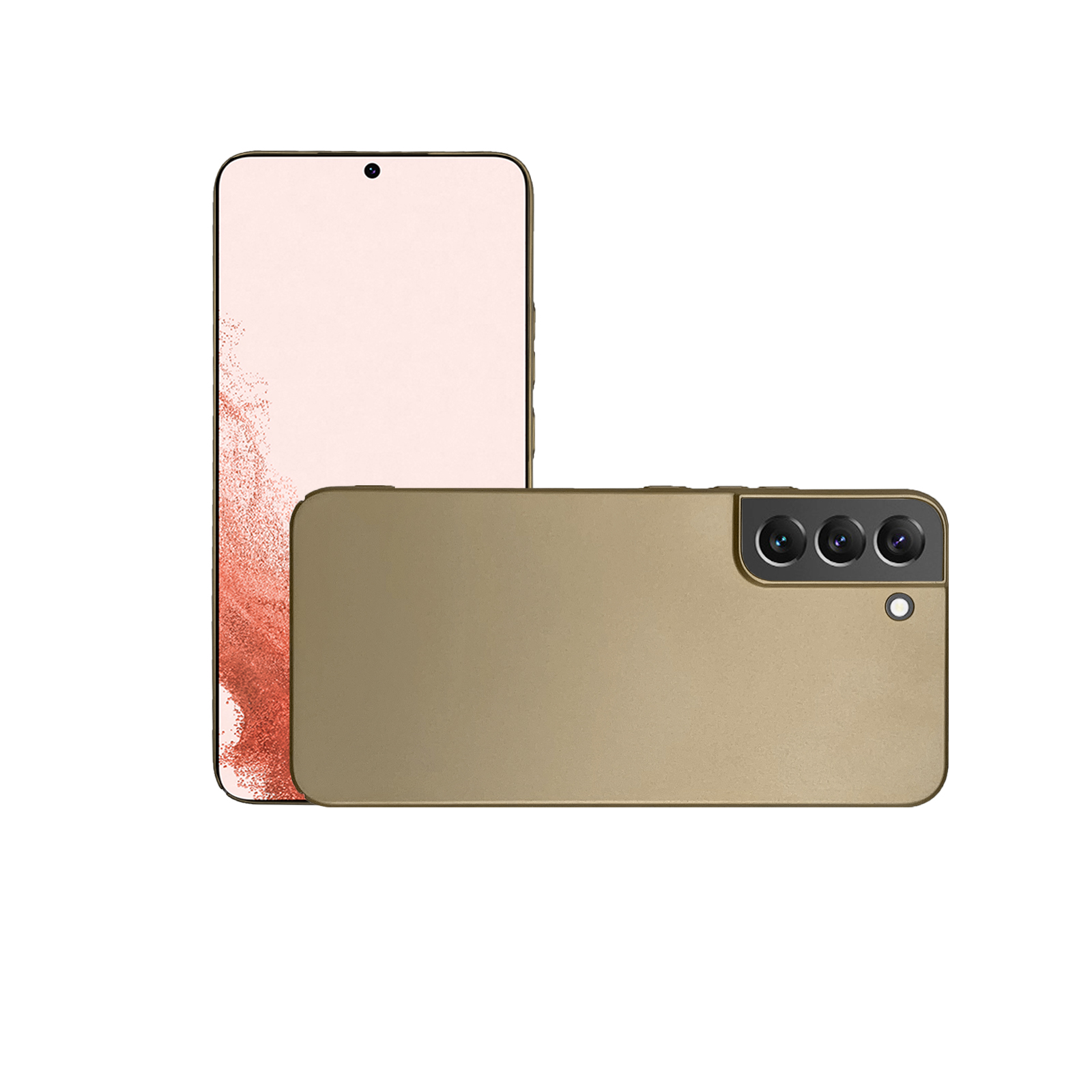 Ein goldfarbenes Smartphone, Vorderseite nach oben, und die Rückseite eines goldfarbenen Smartphones.