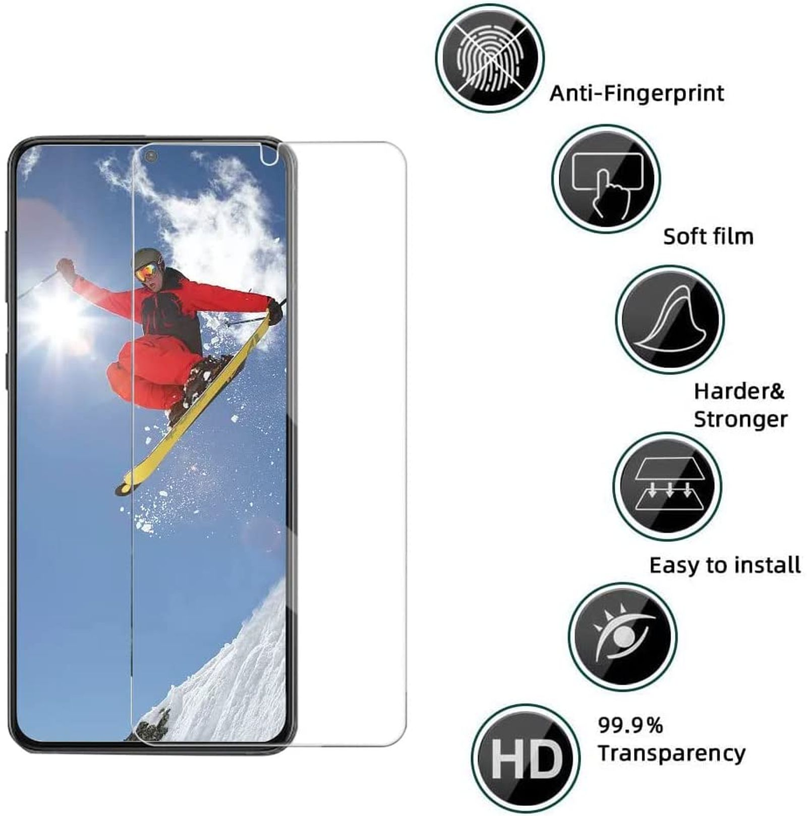 Ein Smartphone mit aufgebrachter Displayschutzfolie, eine Person beim Skifahren im Hintergrund, mit Symbolen.