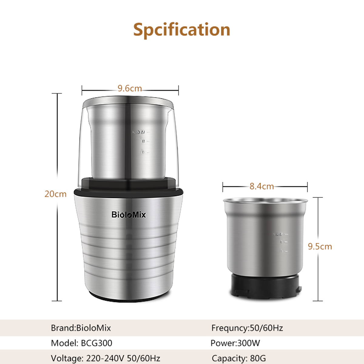 Una cafetera Biolomix plateada y negra con dimensiones mostradas. Se muestra una taza de molienda separada junto a ella.