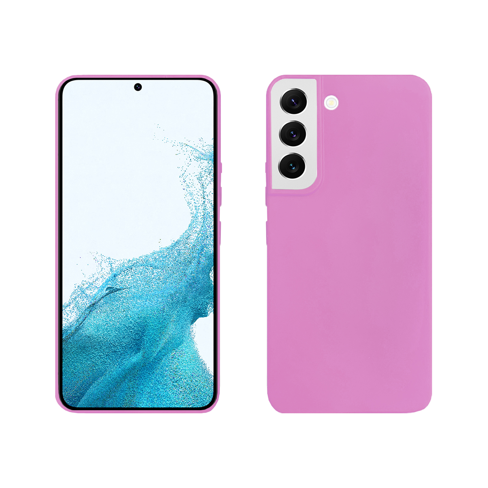 Ein pinkfarbenes Smartphone in Vorder- und Rückansicht. Es hat eine rechteckige Form mit Kameras.