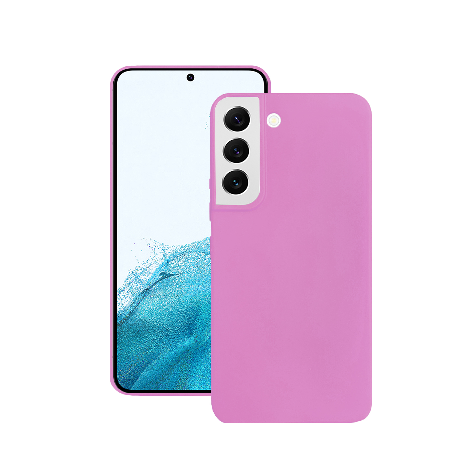 Ein pinkfarbenes Telefon mit einer pinkfarbenen Hülle, neben dem Bildschirm des Telefons.