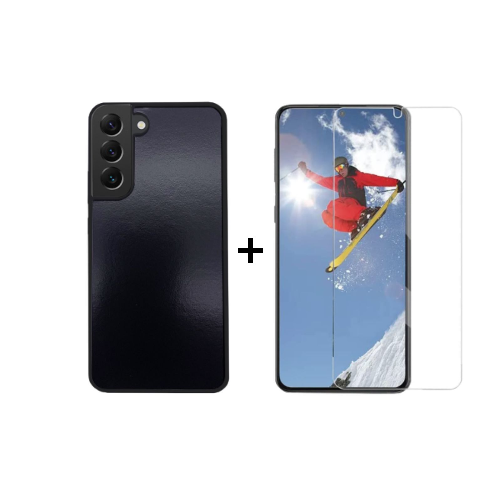 Handyhülle und Displayschutzfolie-Set, mit Skifahrer auf dem Bildschirm.