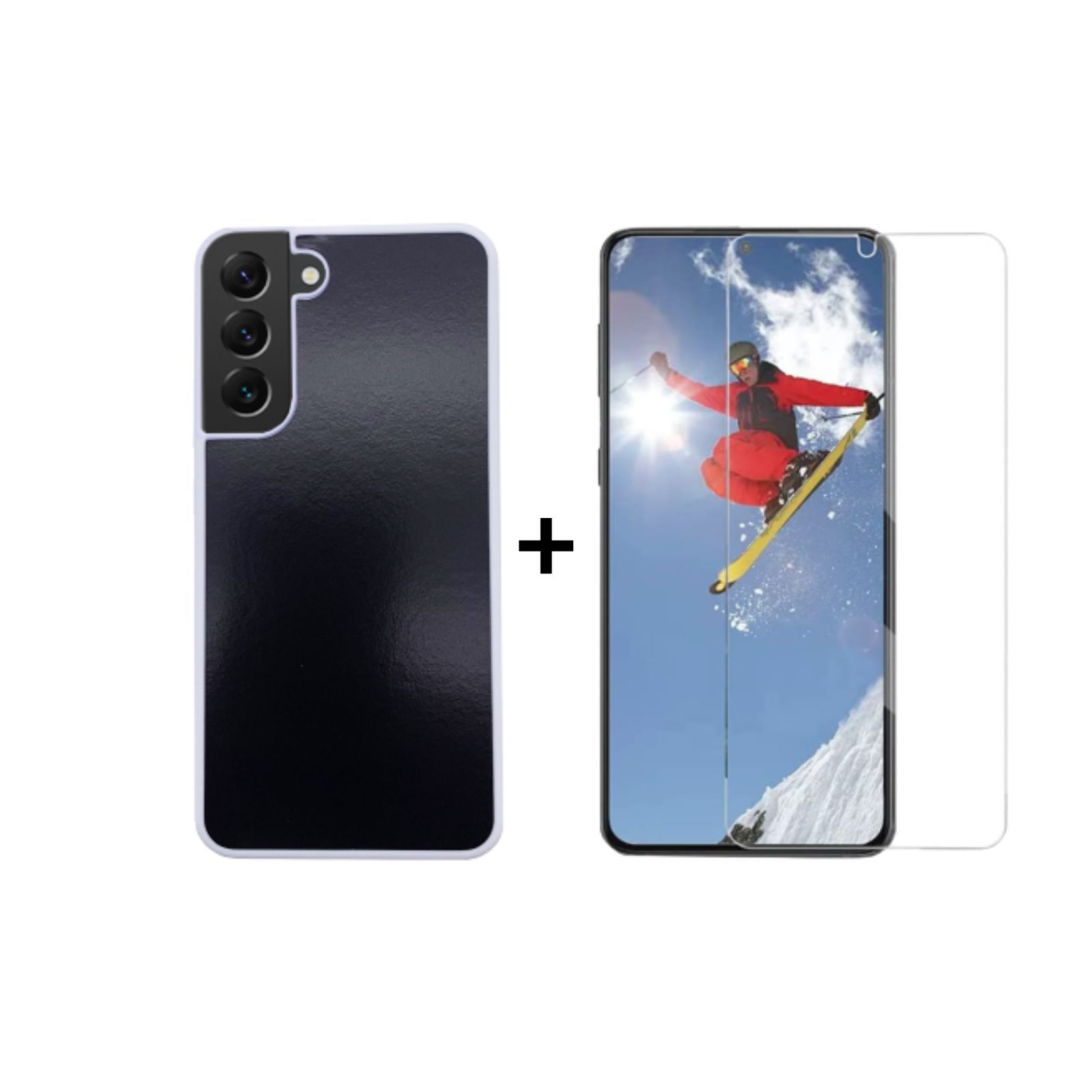 Schwarze Handyhülle mit Displayschutz neben dem Telefon. Skifahrer auf dem Bildschirm.