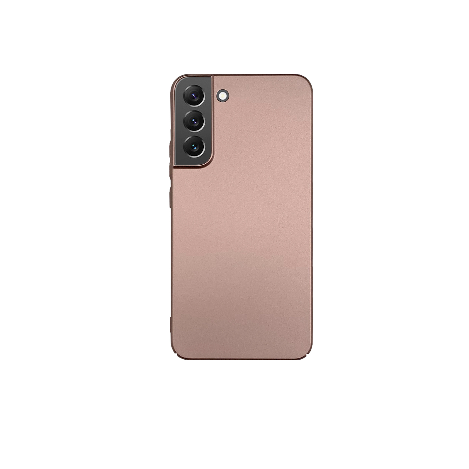 Ein roségoldenes Mobiltelefon. Es hat drei Kameras und einen Blitz auf der Rückseite.
