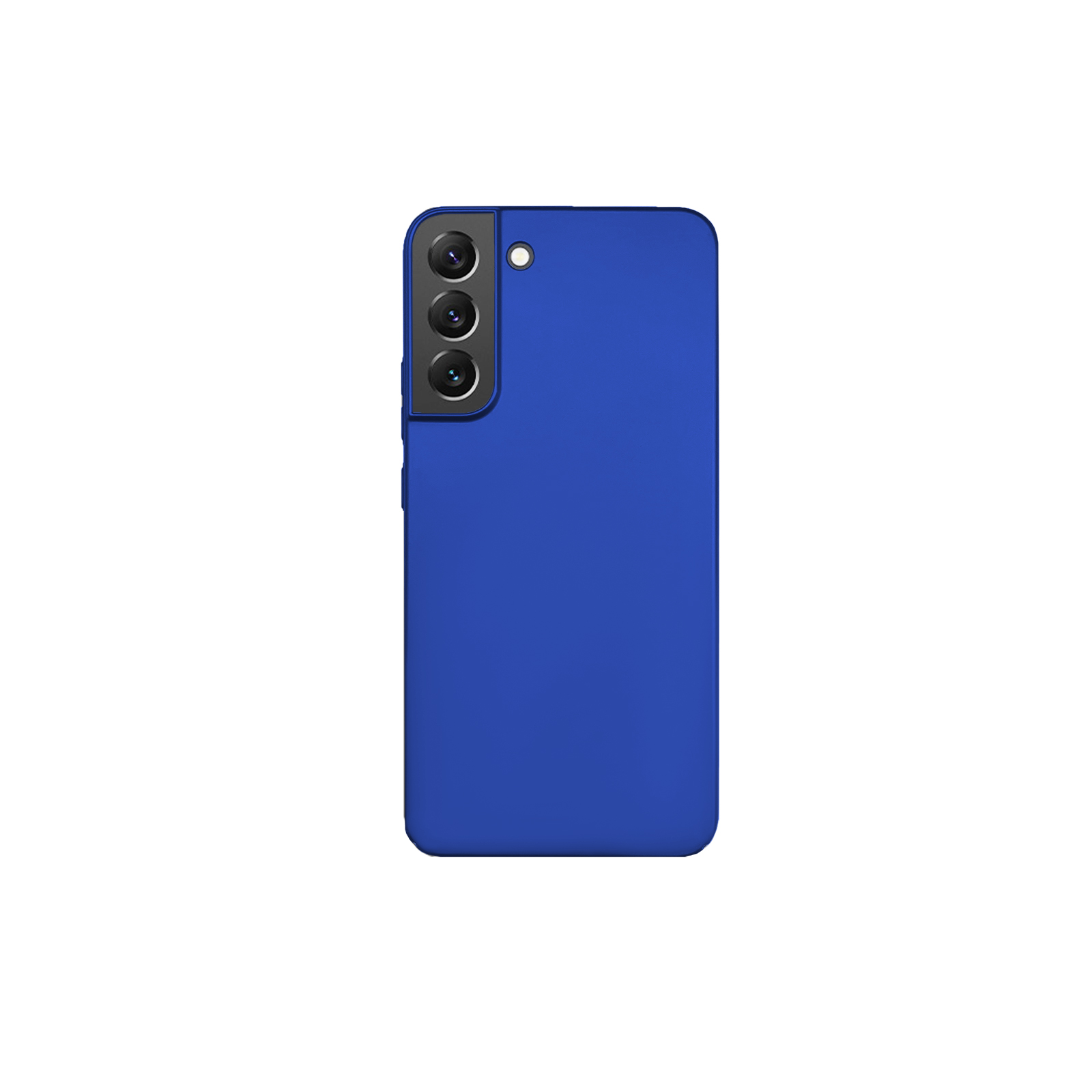 Eine blaue Handyhülle mit drei Kameralinsen. Weißer Hintergrund.