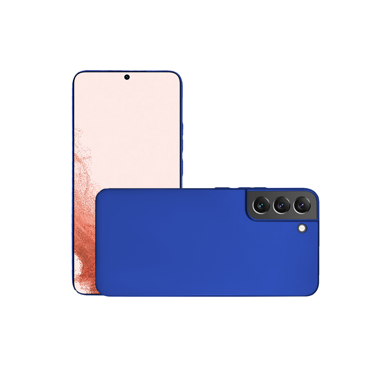 Blaues Telefon auf weißer Oberfläche. Ein weiteres Telefon liegt daneben und zeigt den Bildschirm.