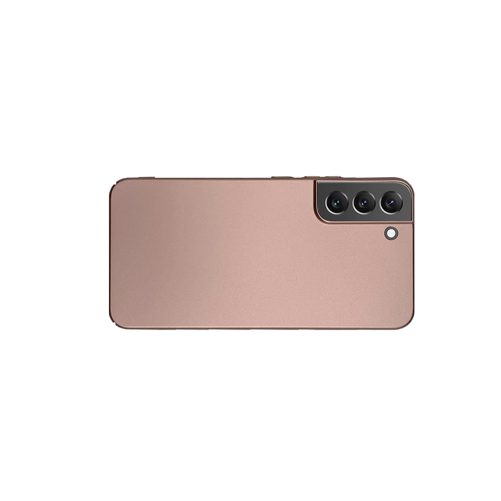 Roségoldenes Telefon mit drei Rückkameras. Das Telefon liegt auf einer weißen Oberfläche und zeigt die Rückseite.