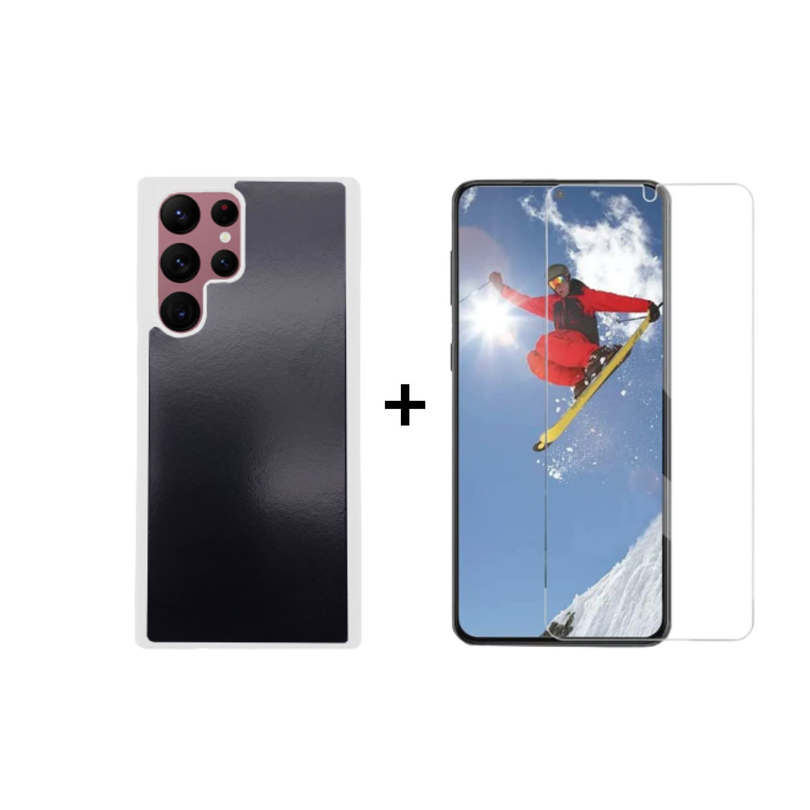 Ein Telefon mit Hülle und Displayschutzfolie. Das Telefon befindet sich neben einer Ski fahrenden Person.