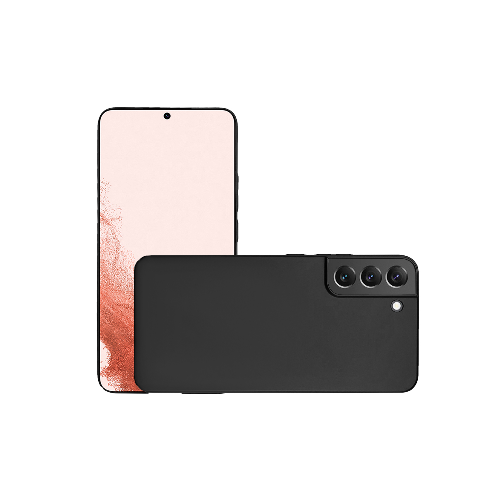 Schwarze Handyhülle mit einem Telefon darin. Das Telefon hat einen rosa Bildschirm und drei Kameras.