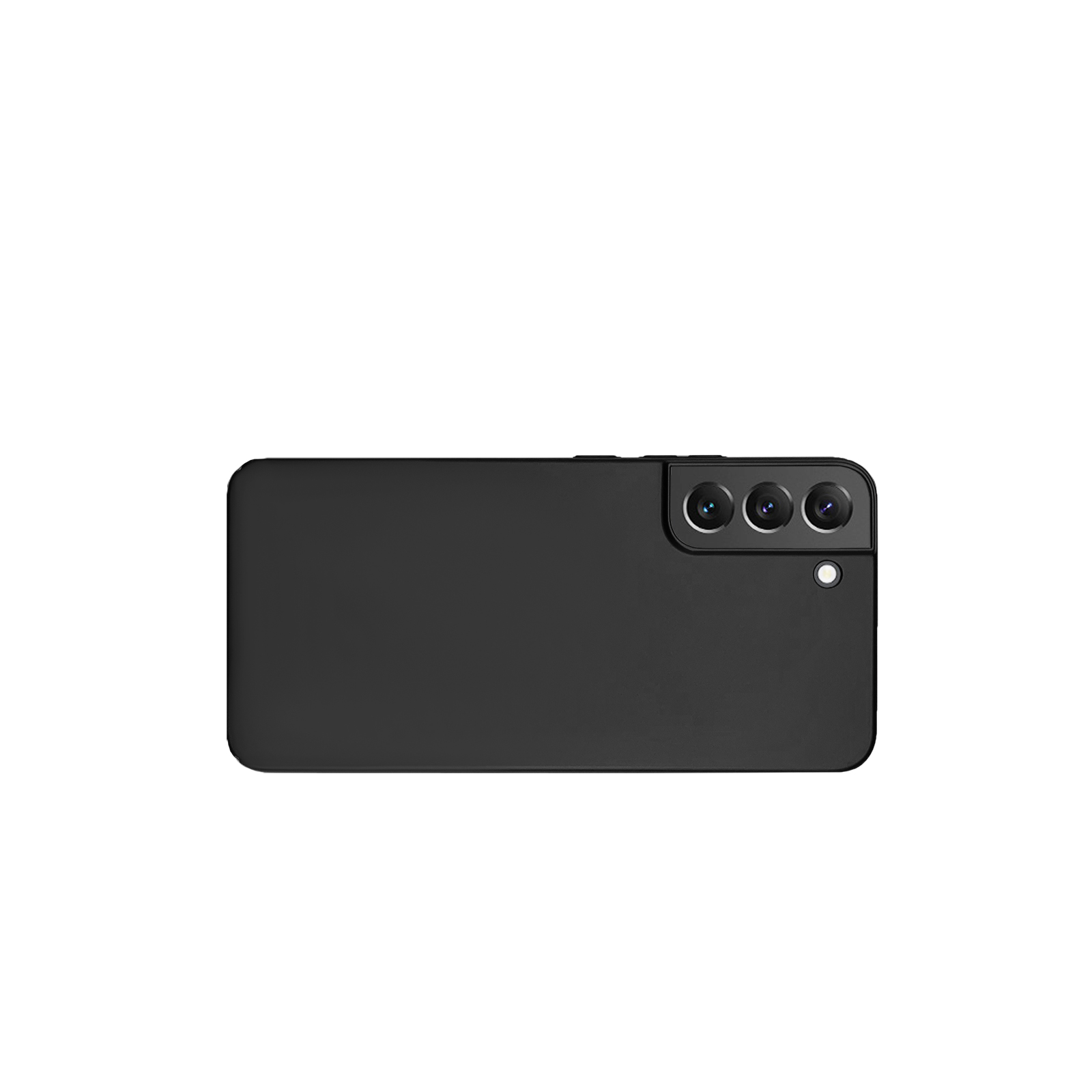 Schwarze Smartphone-Rückseite mit drei Kameras und Blitz. Das Telefon hat ein schlankes Design.