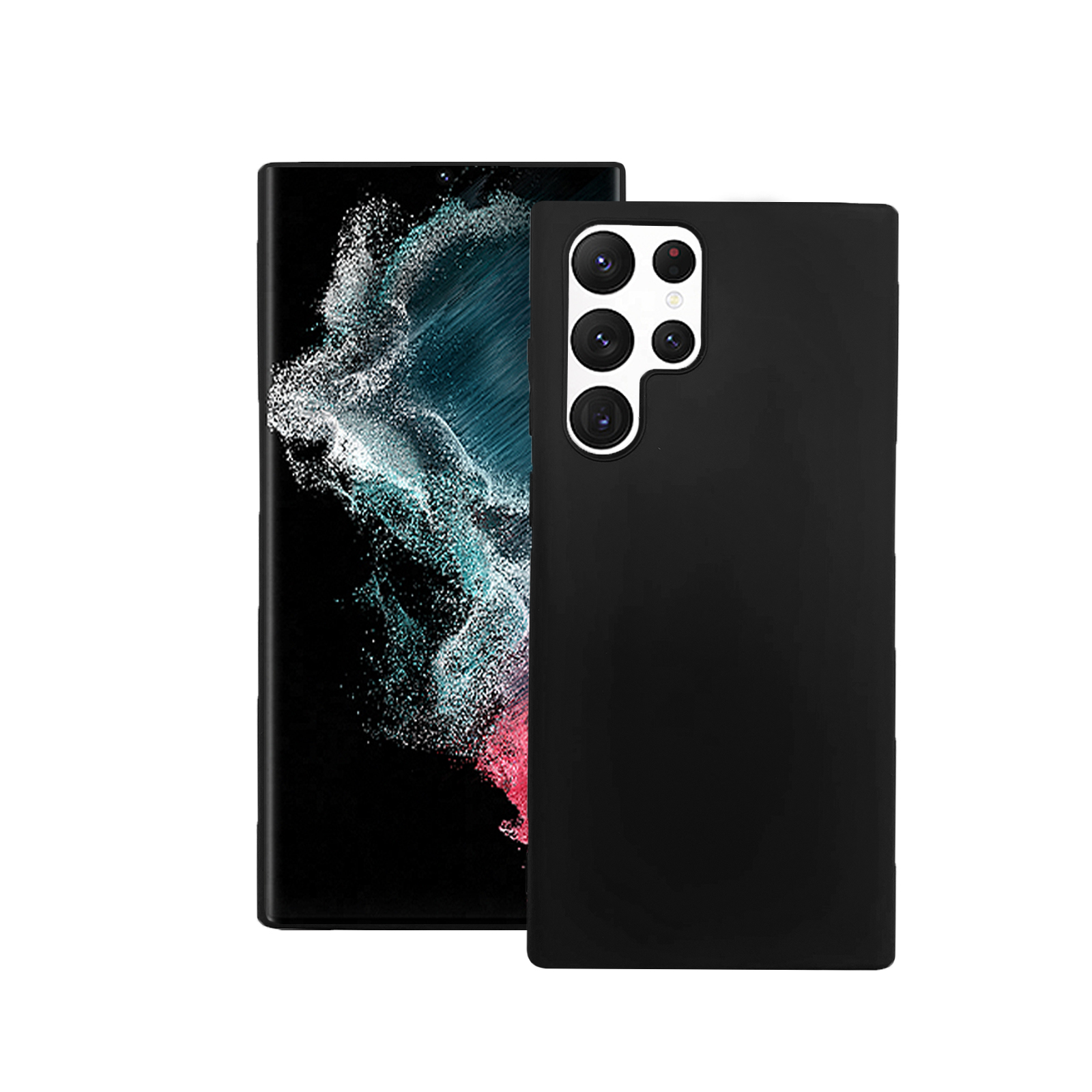 Schwarzes Telefon mit schwarzem Gehäuse. Das Telefon liegt auf der Seite, das Gehäuse rechts.