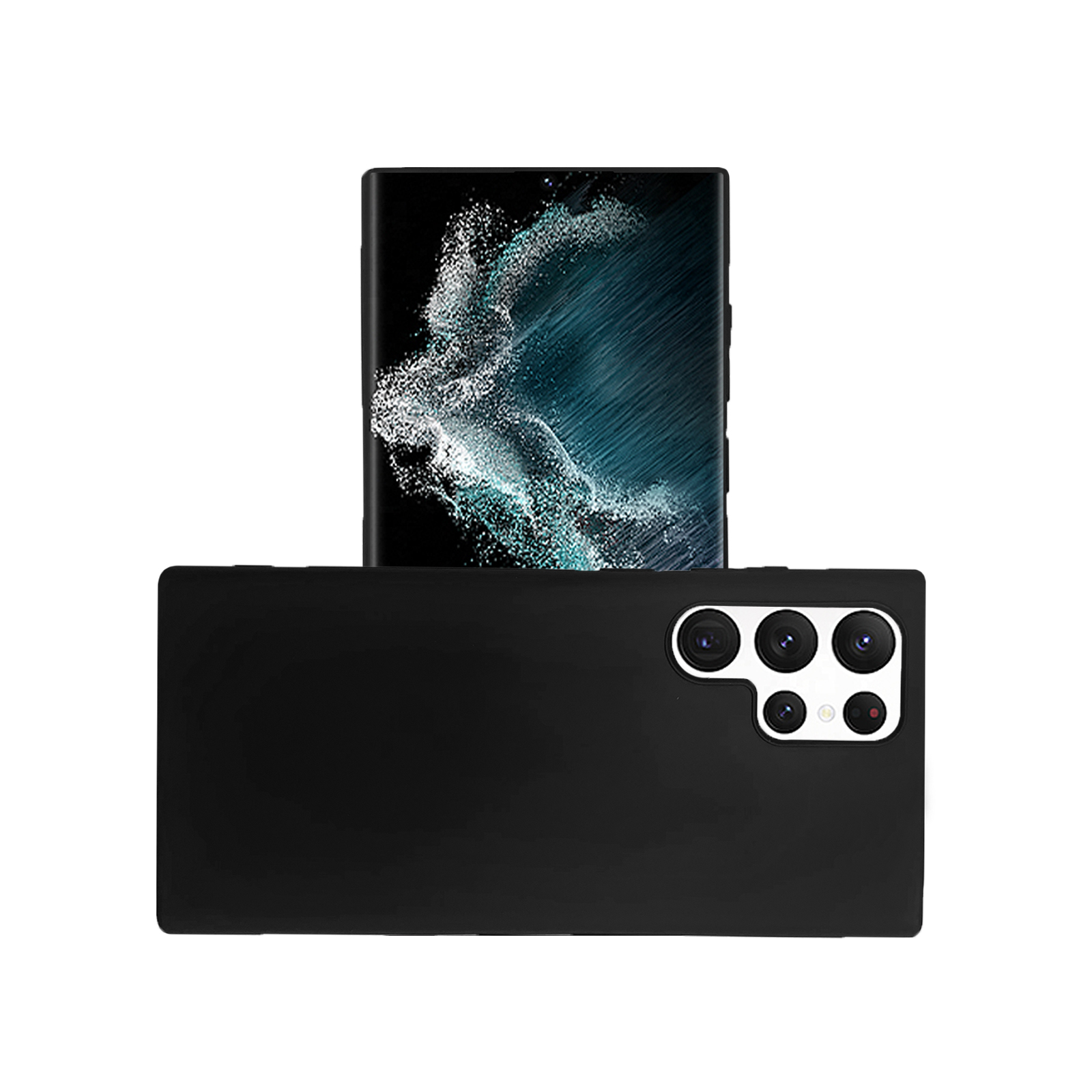 Schwarzes Telefon mit Kamerahügel, das seine Rückseite und einen Bildschirm mit einem abstrakten Bild zeigt.