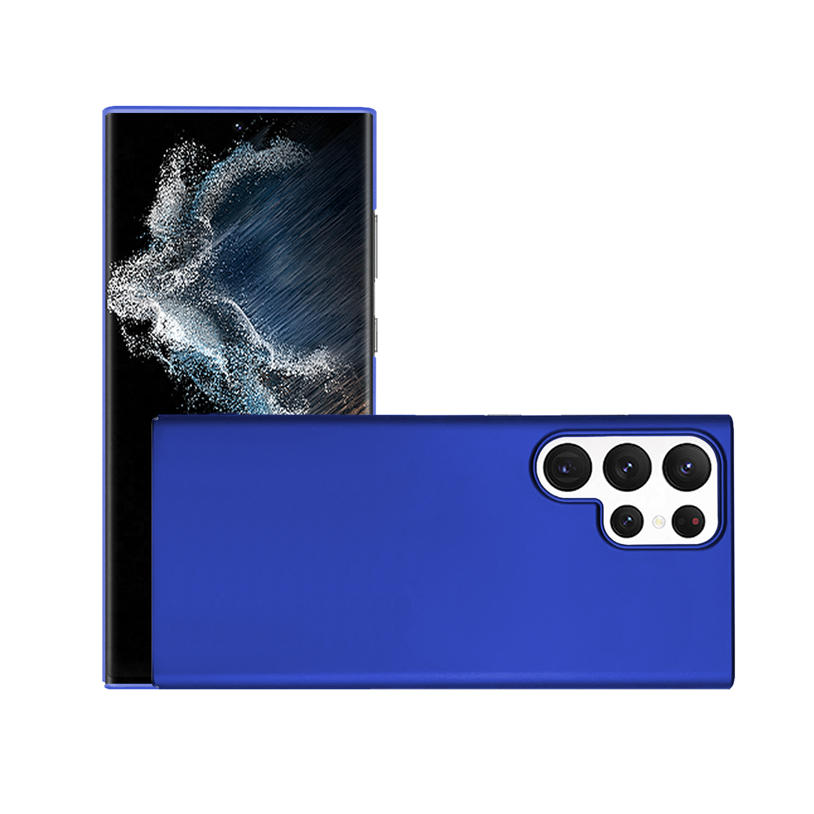 Blaue Handyhülle mit einem Handy. Das Handy hat viele Kameras. Die Handyhülle ist unten.