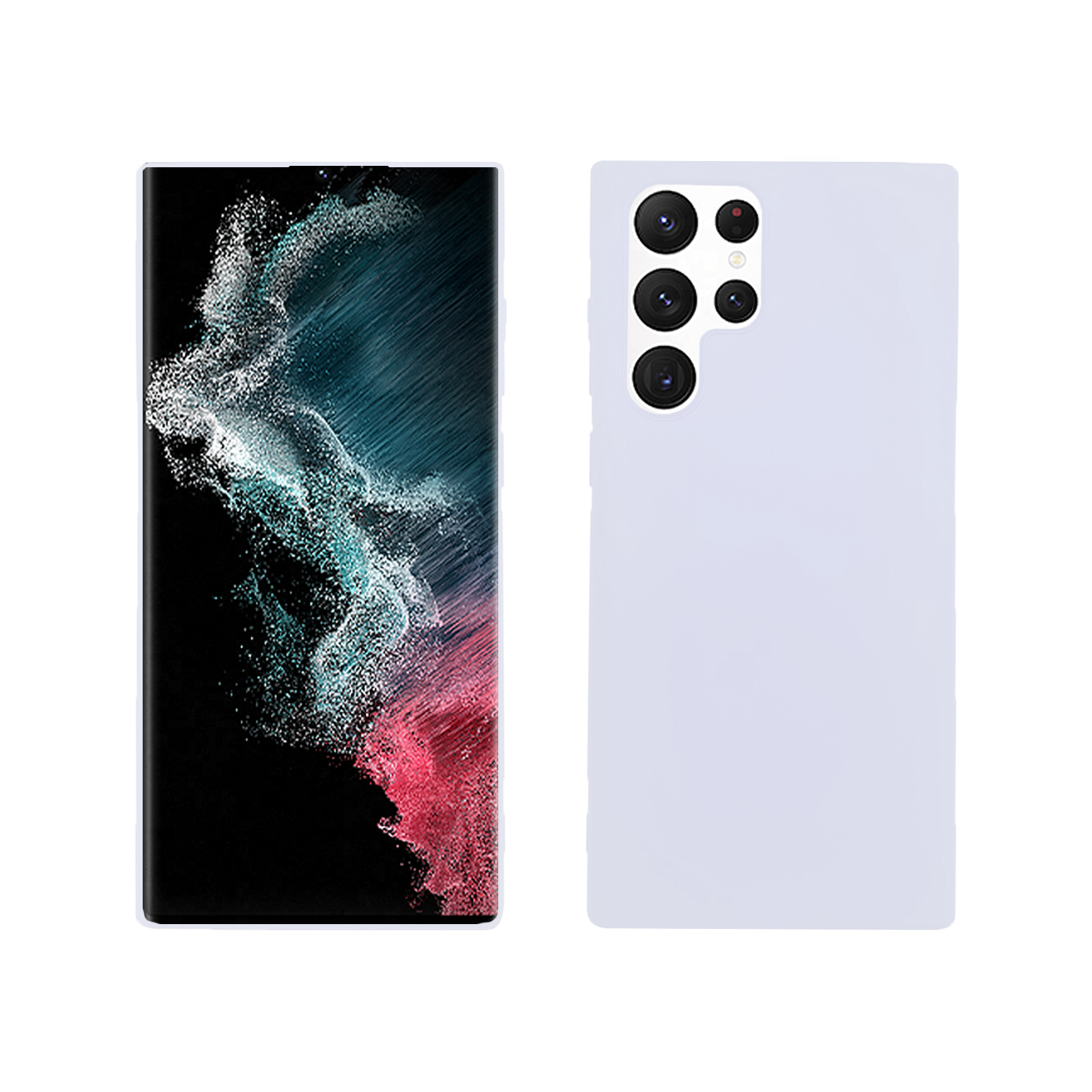 Zwei Handys, eines links mit mehrfarbigem Design und eines rechts mit weißer Rückseite.