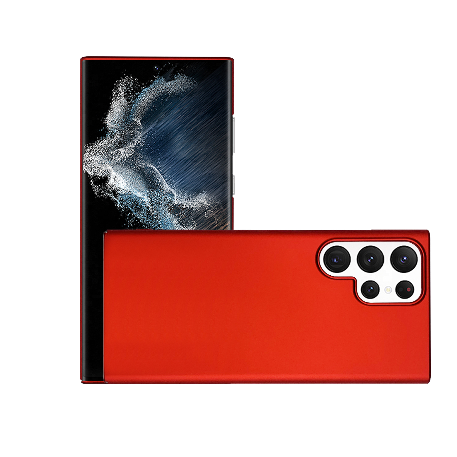 Eine rote Handyhülle mit schwarzem Bildschirm. Das Handy steht mit einem zweiten Handy dahinter.