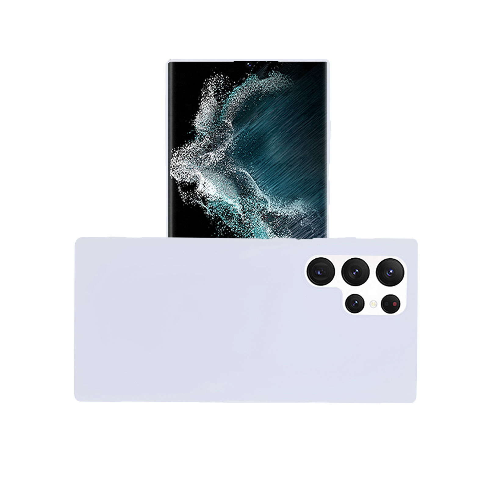 Weißes Handy-Cover mit eingelegtem Handy. Das Handy zeigt ein szenisches Bild.