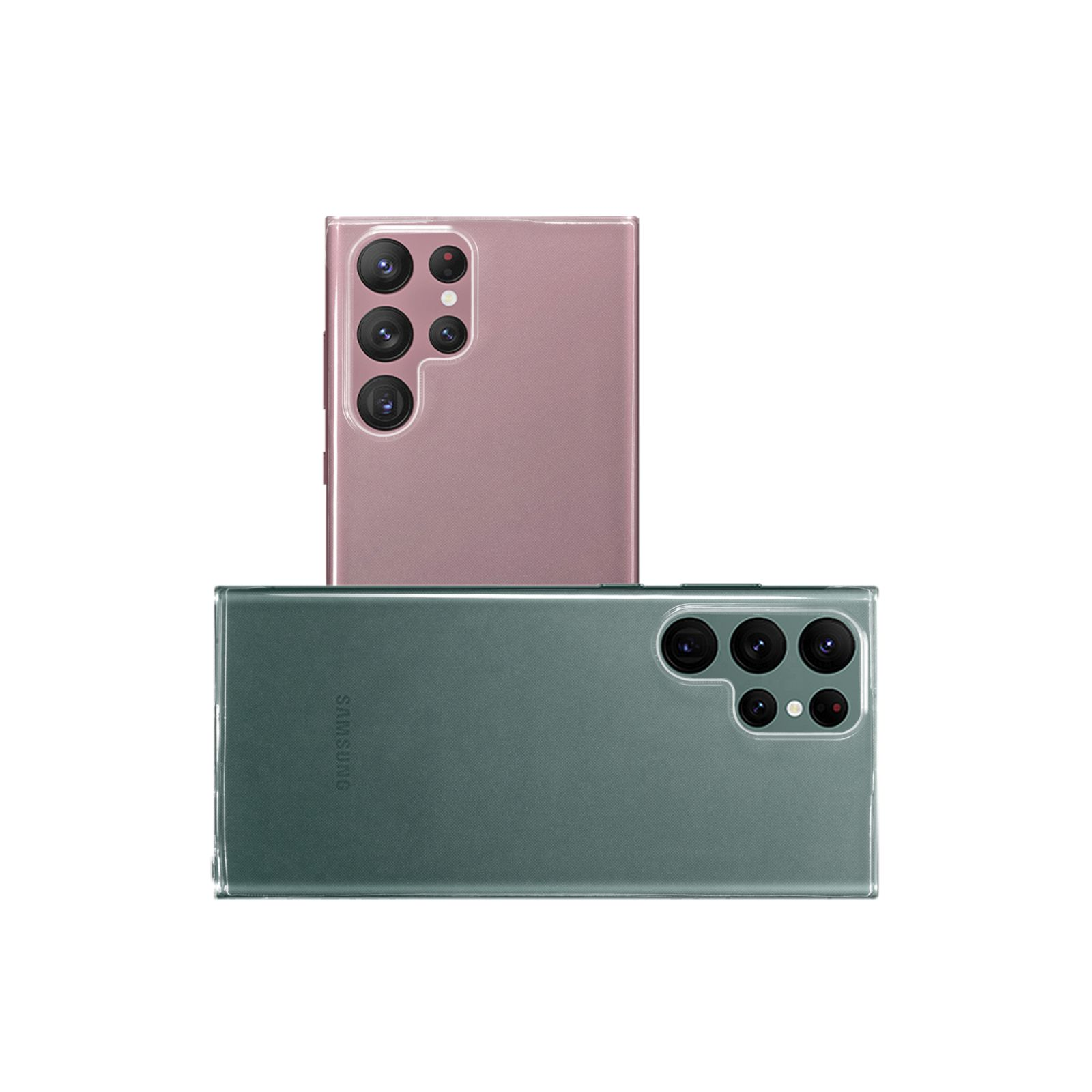 Zwei Telefone in transparenten Hüllen, ein rosa und ein grünes, nebeneinander.