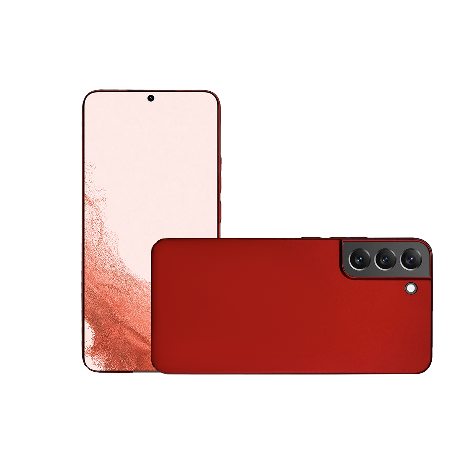 Rotes Smartphone und Hülle. Telefon hat pinken Bildschirm. Hülle ist rot. Rückseite sichtbar.