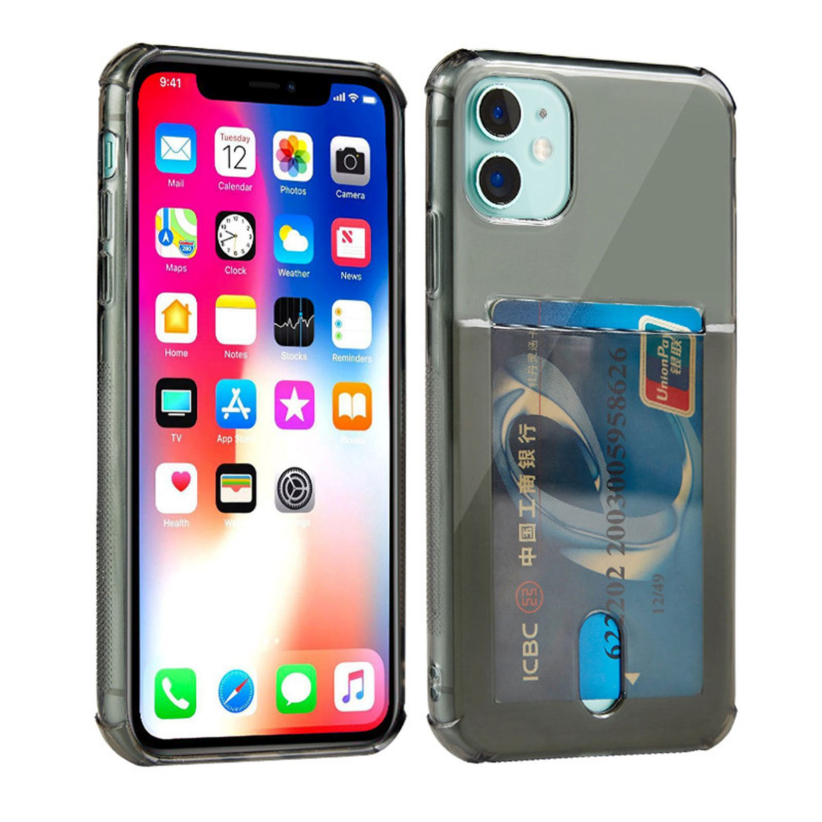 iPhone in einer transparenten Hülle mit Kartenfach. Transparente Hülle. Weißer Hintergrund.