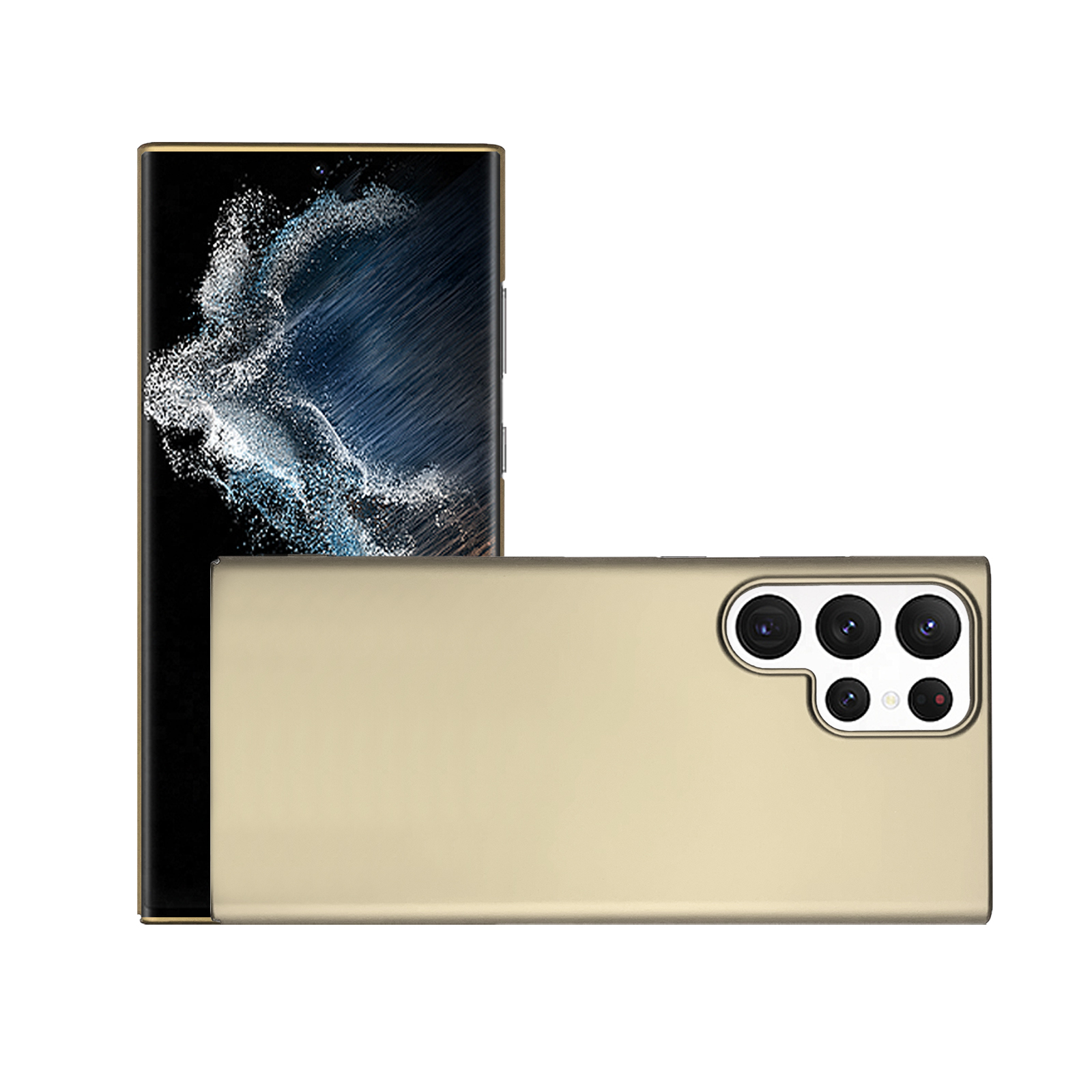Goldenes Telefon, das einen Bildschirm zeigt. Es liegt auf einem anderen Telefon.
