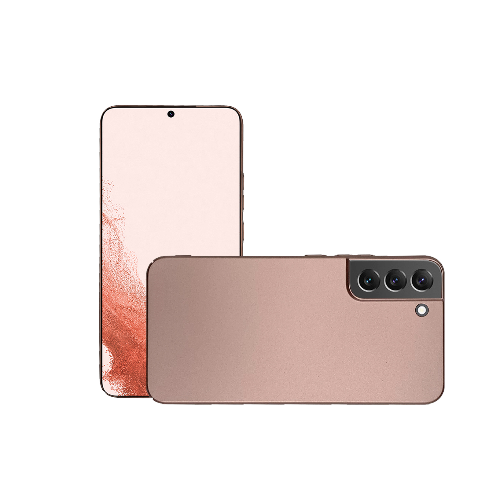 Zwei Telefone, eines stehend, eines auf dem Rücken. Beide roségoldfarben. Die Rückseite des stehenden Telefons sichtbar.