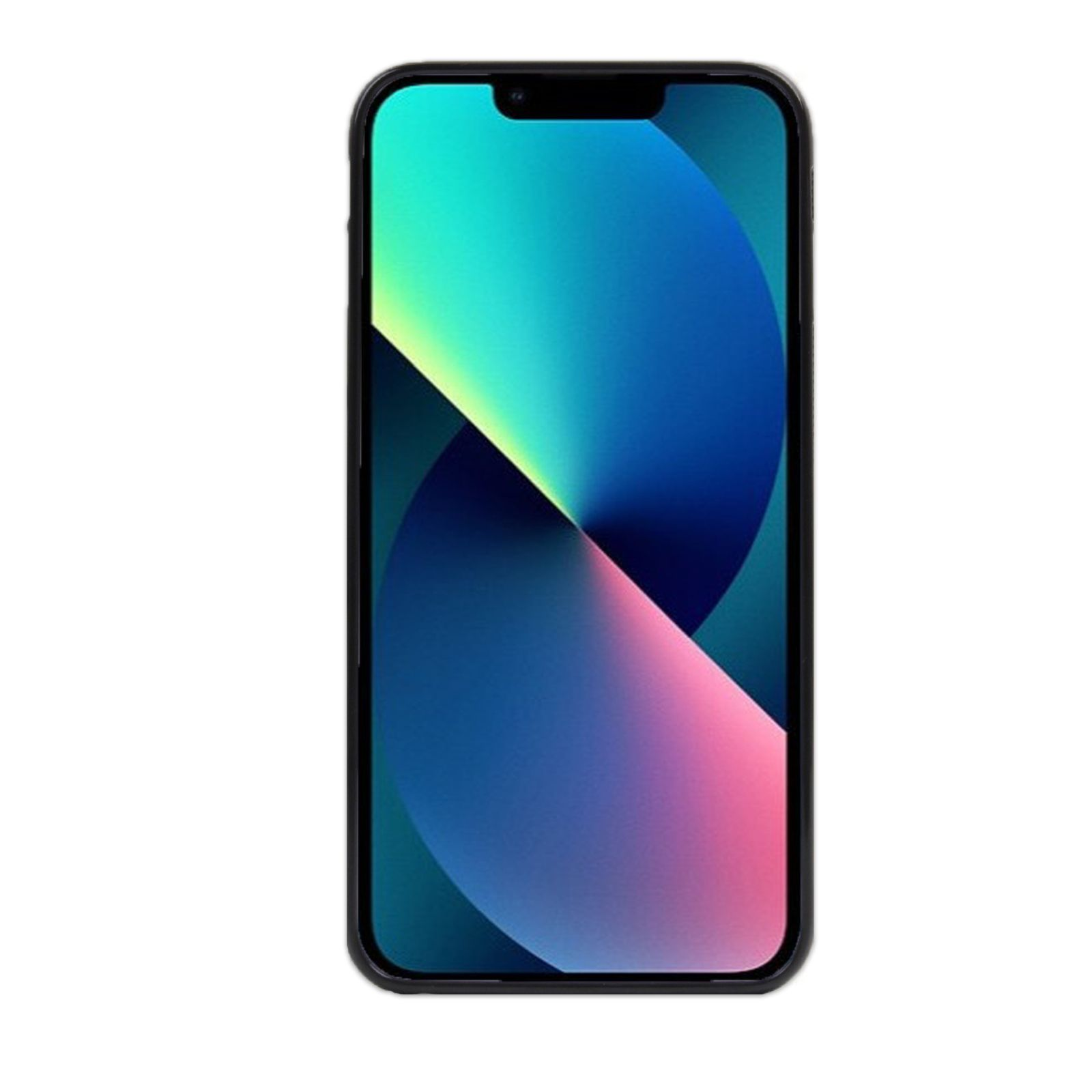 Ein schwarzes Smartphone mit farbenfrohem, abstraktem Hintergrund, isoliert auf weißem Hintergrund.
