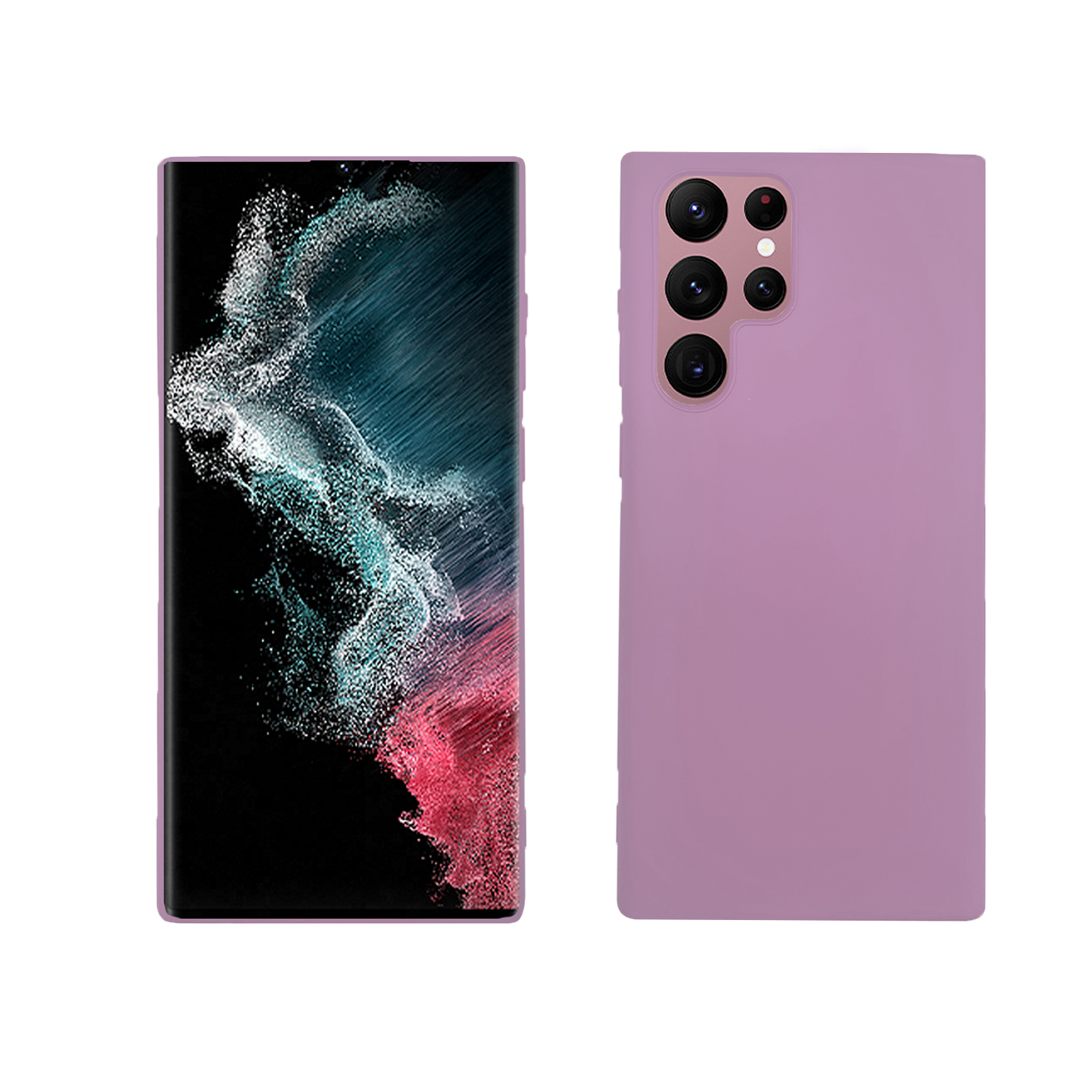 Eine lila Handyhülle auf einem Telefon. Die Rückseite hat Kameras, die Vorderseite ist der Bildschirm.