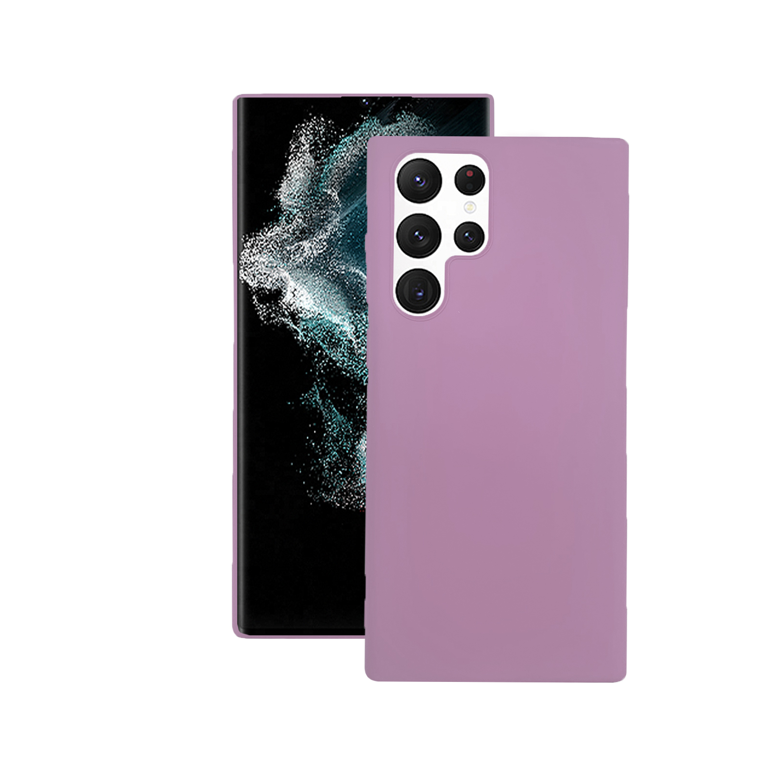 Lavendelfarbene Handyhülle und ein Telefon, nebeneinander.