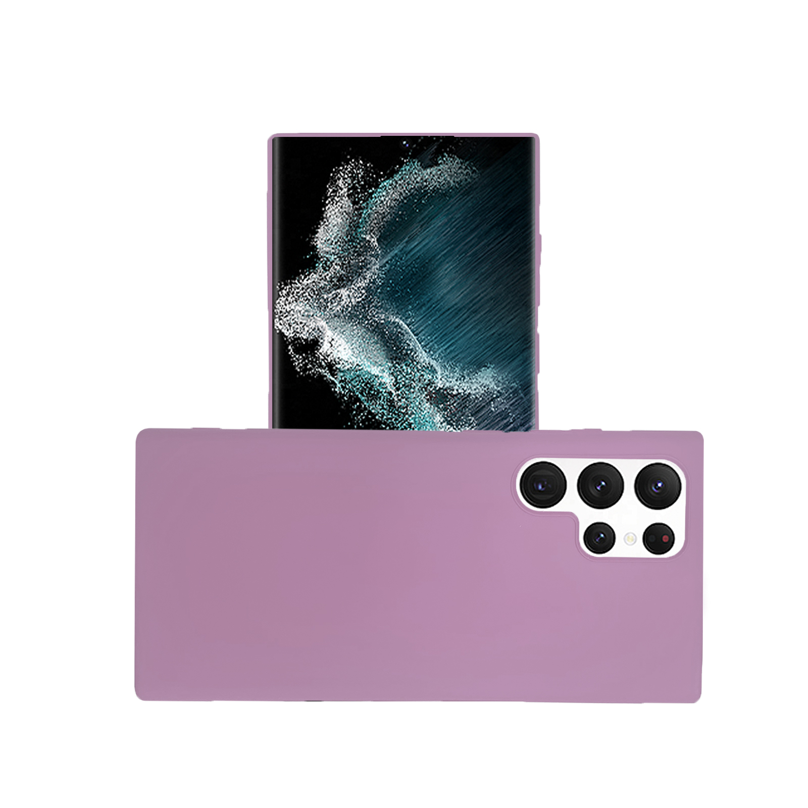 Lila Telefon und Handyhülle. Telefon ist schwarz, zeigt Farben. Hülle hat Kameralöcher und Knöpfe.