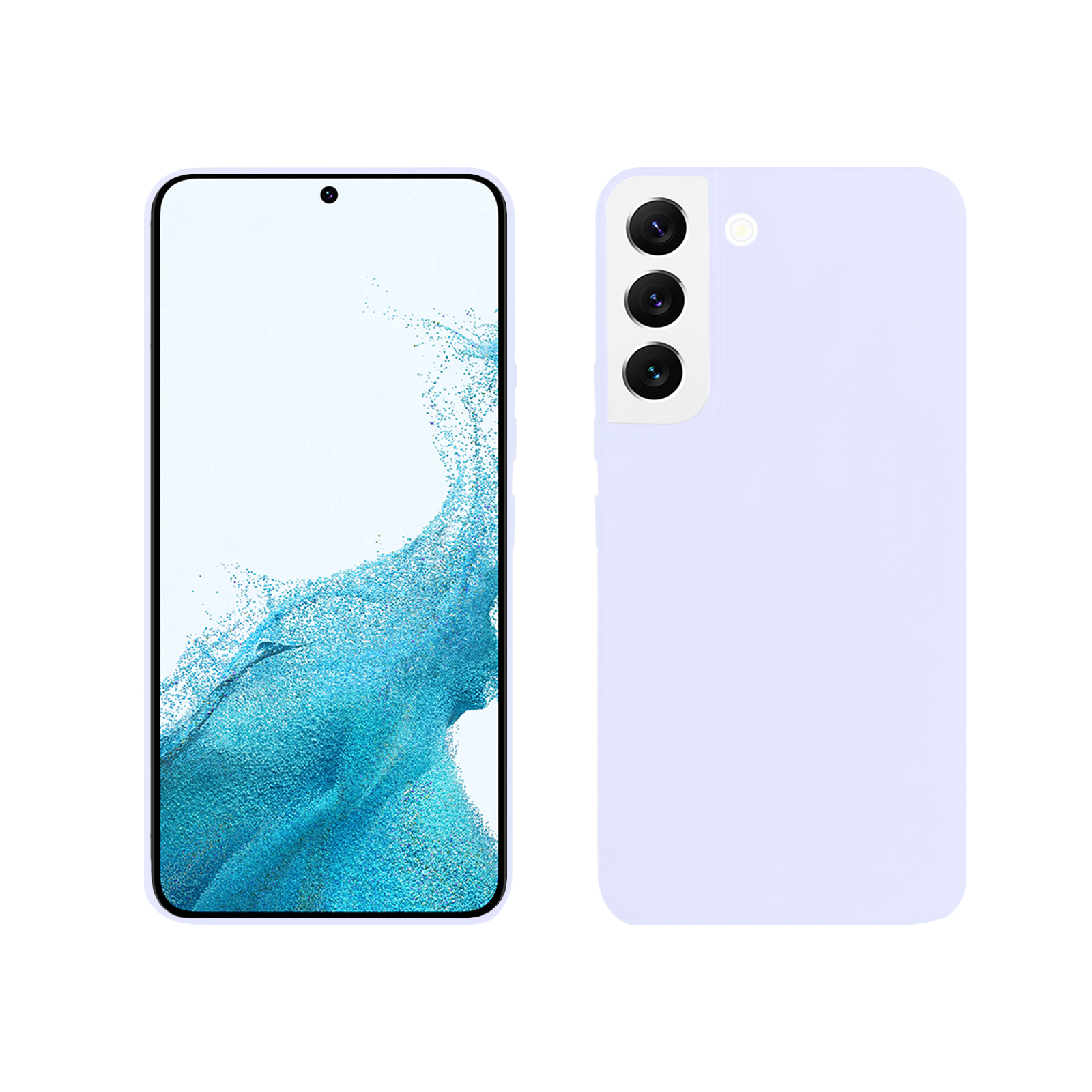 Ein Telefon, vorne und hinten. Vorderseite zeigt blaues Wasserbild. Rückseite helllila mit Kameralinsen.