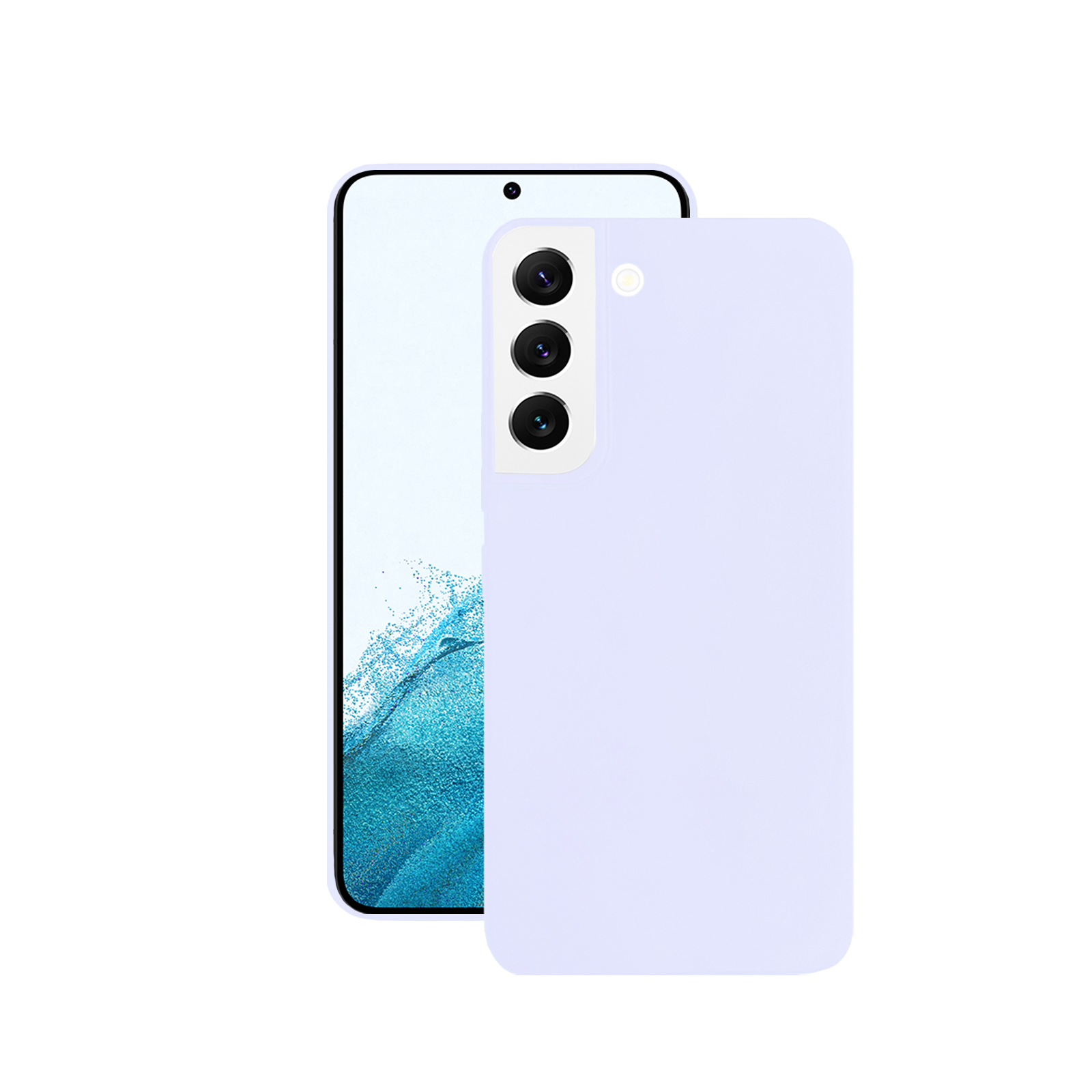 Ein hellviolettes Smartphone mit drei Kameras, von hinten gezeigt.