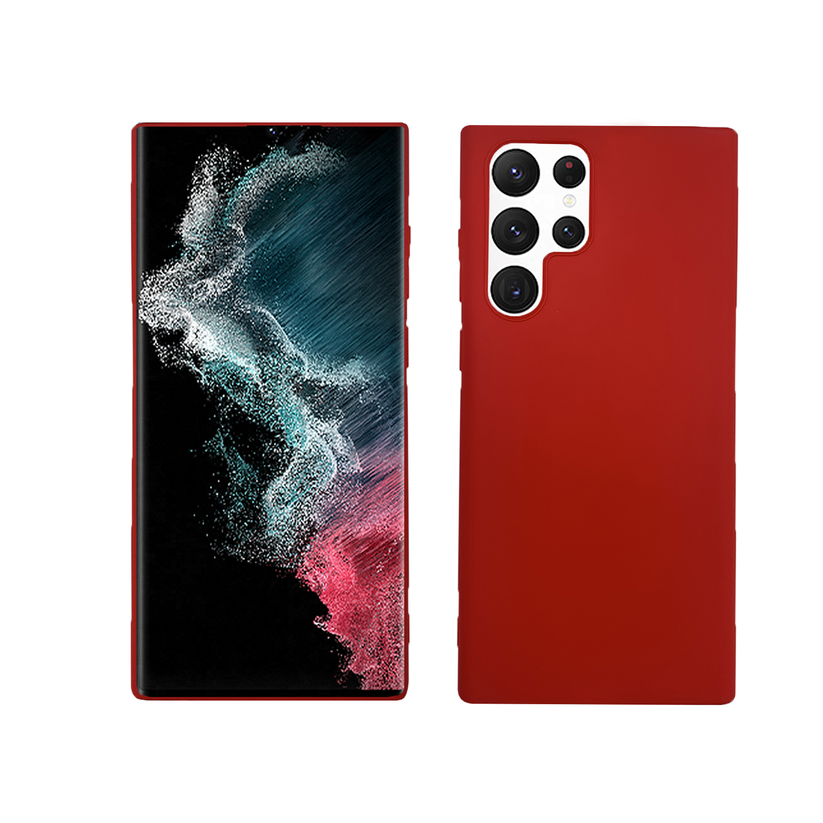Rotes Smartphone mit zwei Kameras auf der Rückseite und einem Display auf der Vorderseite.