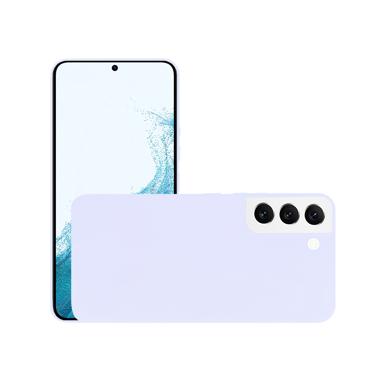 Ein lila Telefon liegt auf dem Rücken, neben einem Telefon mit einem Bildschirm mit weißem Hintergrund.