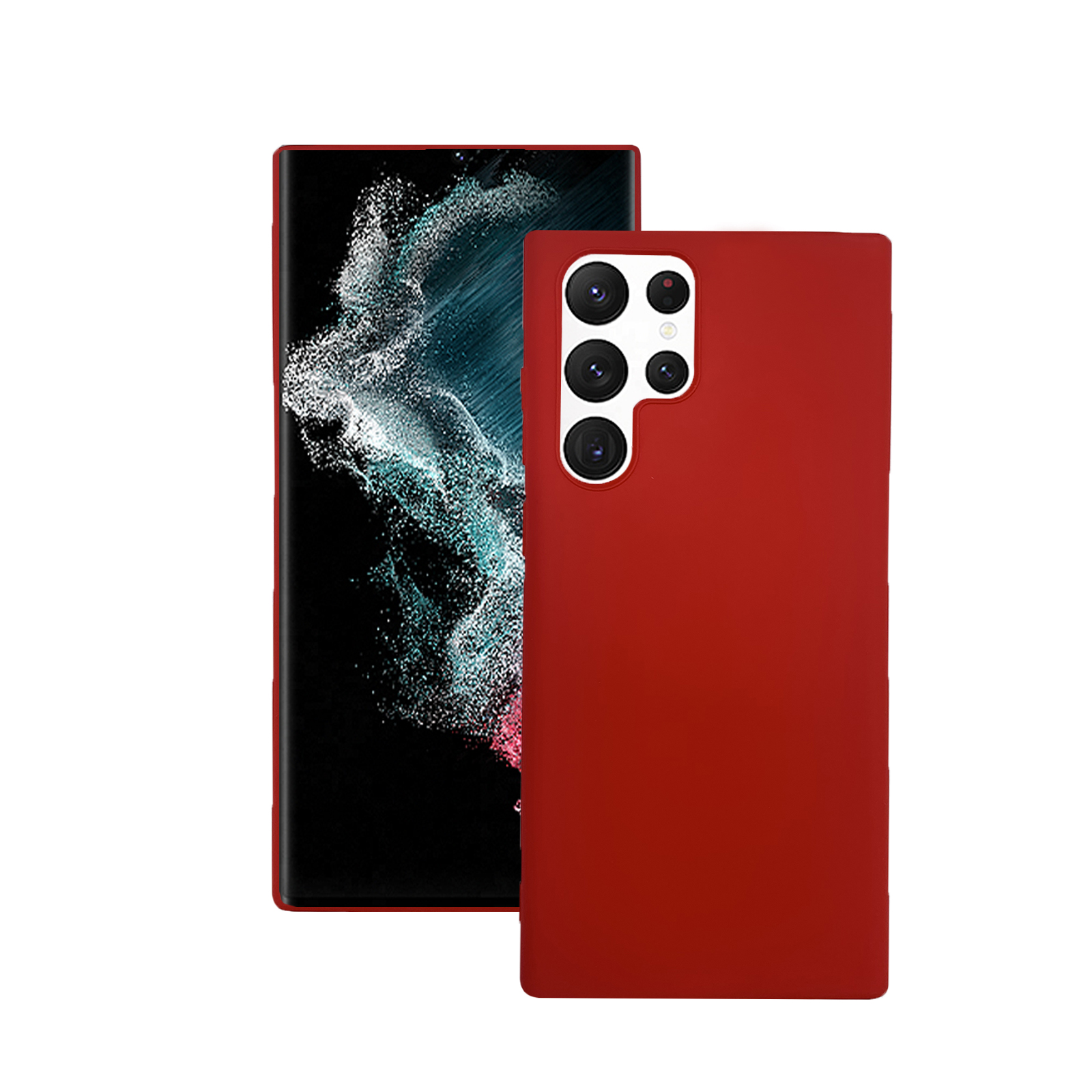 Ein rotes Smartphone in Vorder- und Rückansicht. Es hat eine rechteckige Form mit Kameras.