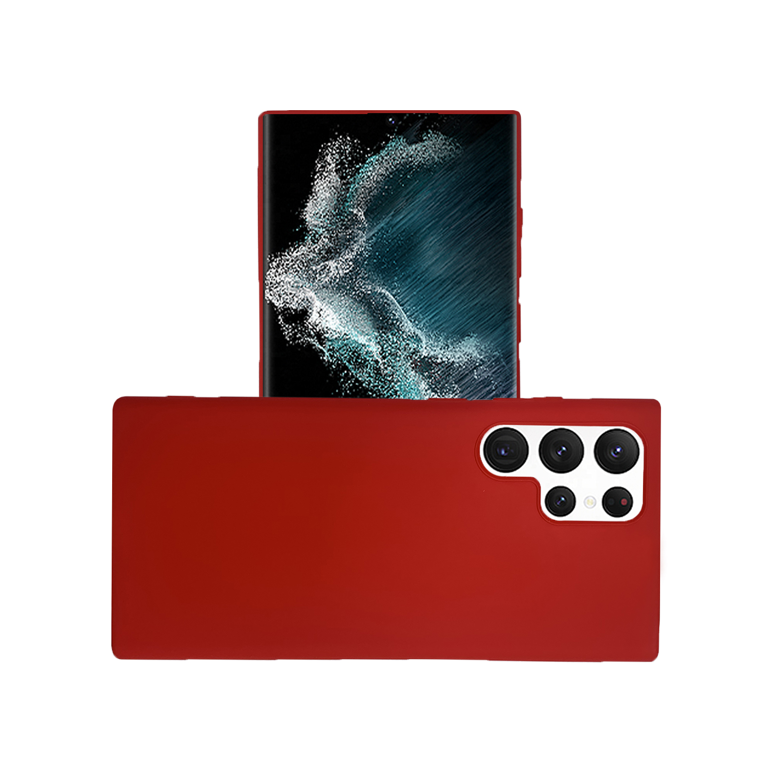 Rote Handyhülle mit Handy. Das Handy hat einen schwarzen Bildschirm mit blauem und weißem Design.